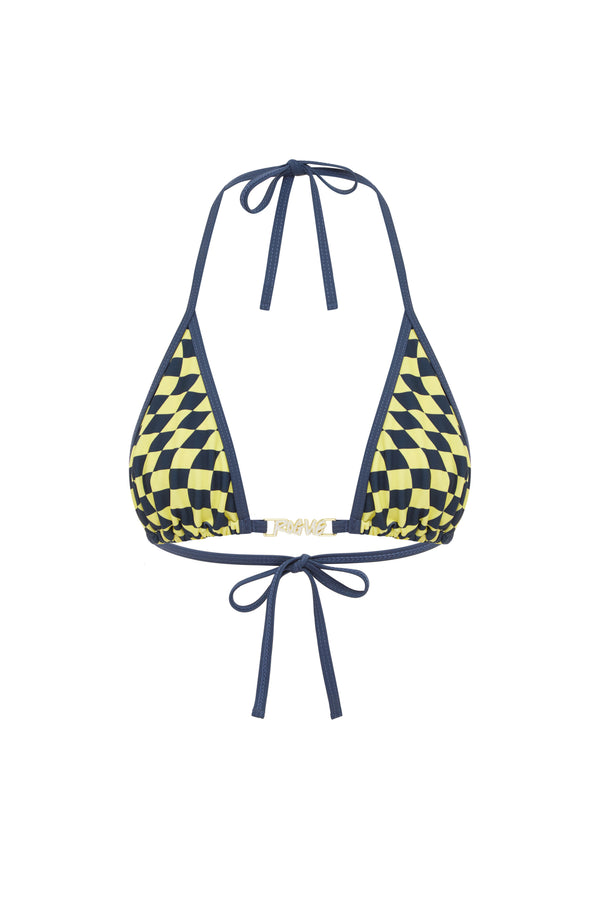 A bikini top with a checkered pattern in navy and yellow colours, featuring a halter neck and tied at the front with white background.
