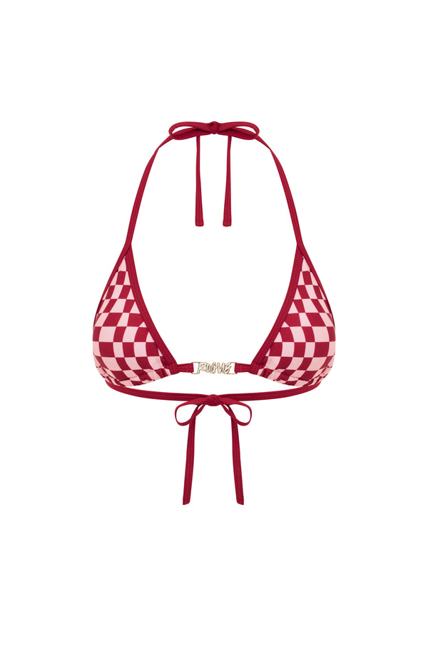 Red checkered bikini top on a white background