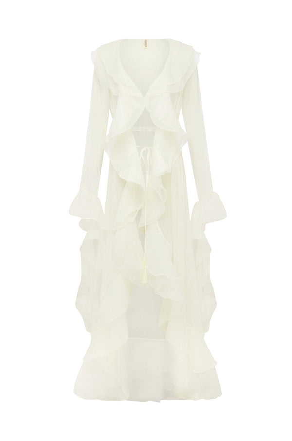 White sheer ruffled robe on a white background