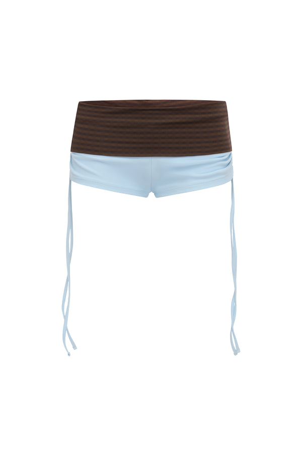 Blue bikini shorts with a brown gingham print waistband, featuring thin light blue side ties hanging down, shown against a plain white background.