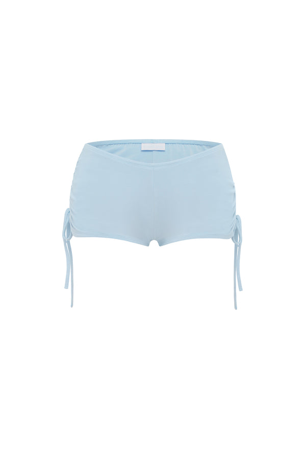 Light blue micro shorts with side tie details, shown flat against a solid white background.