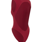 Back shot of one-piece swimsuit with back cut out, on a white background.