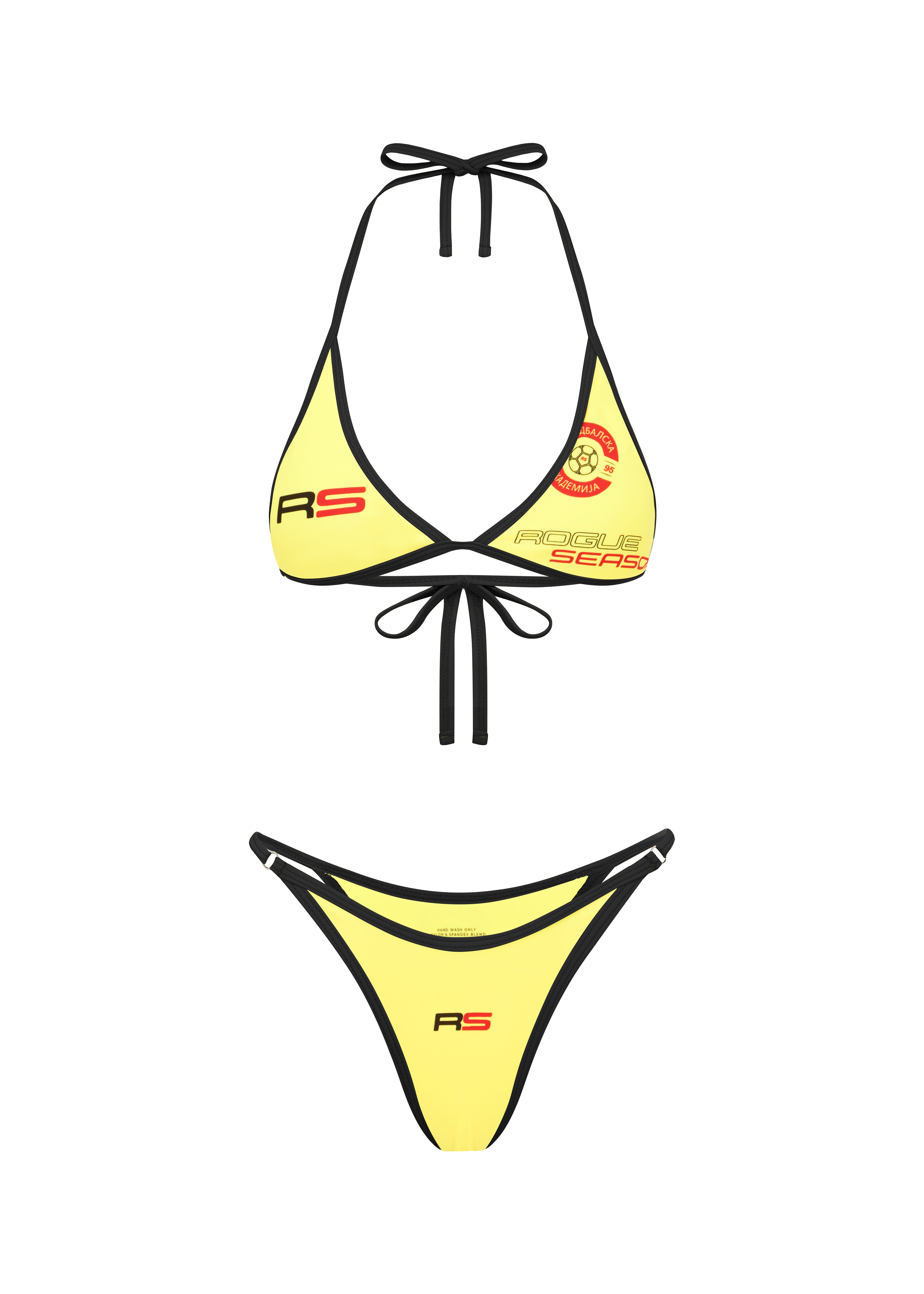 Rogue Season Yellow bikini set with black accents on a white background