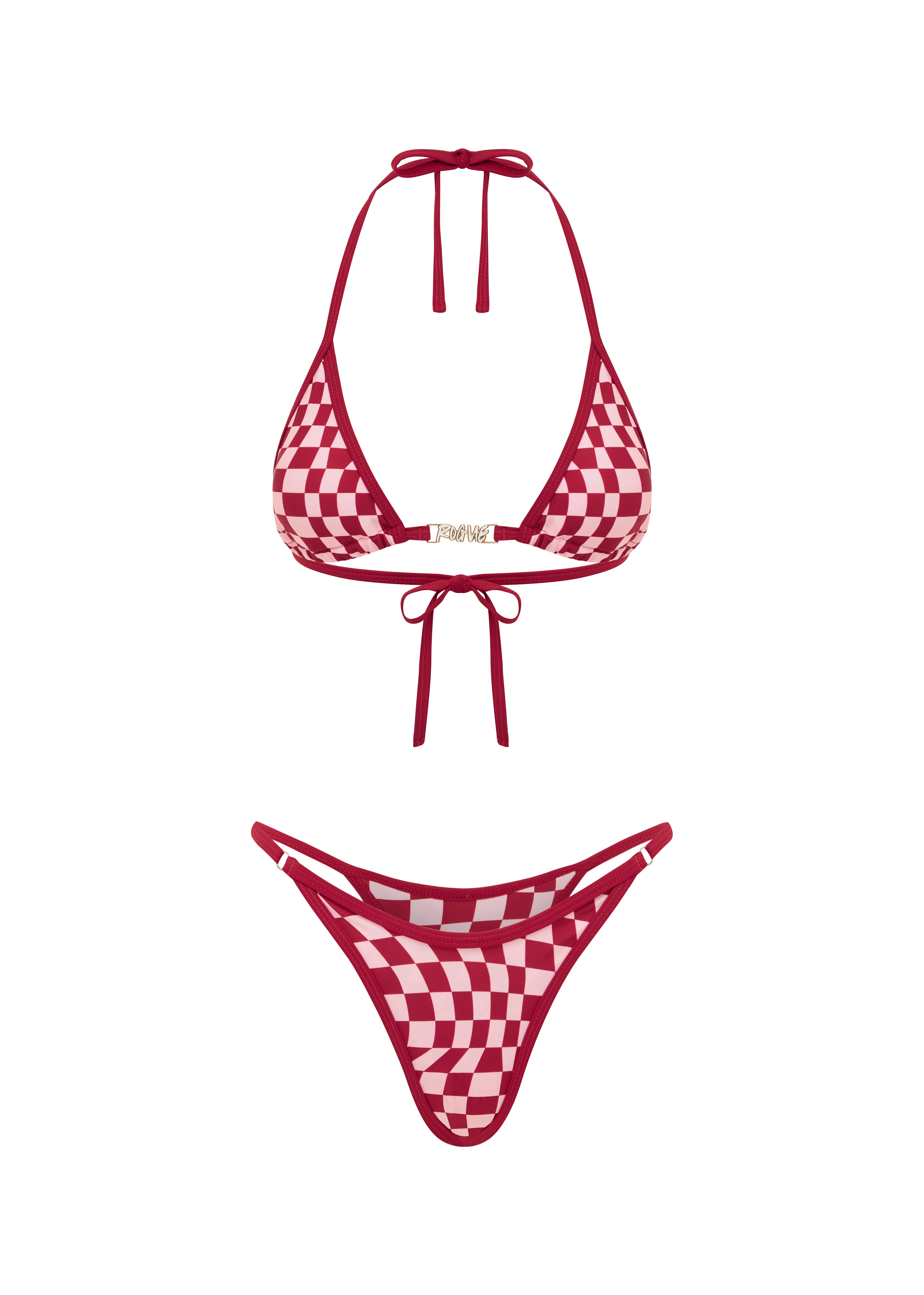 Red checkered bikini top and bottom on a white background.