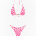 Pink checkered bikini set on a white background