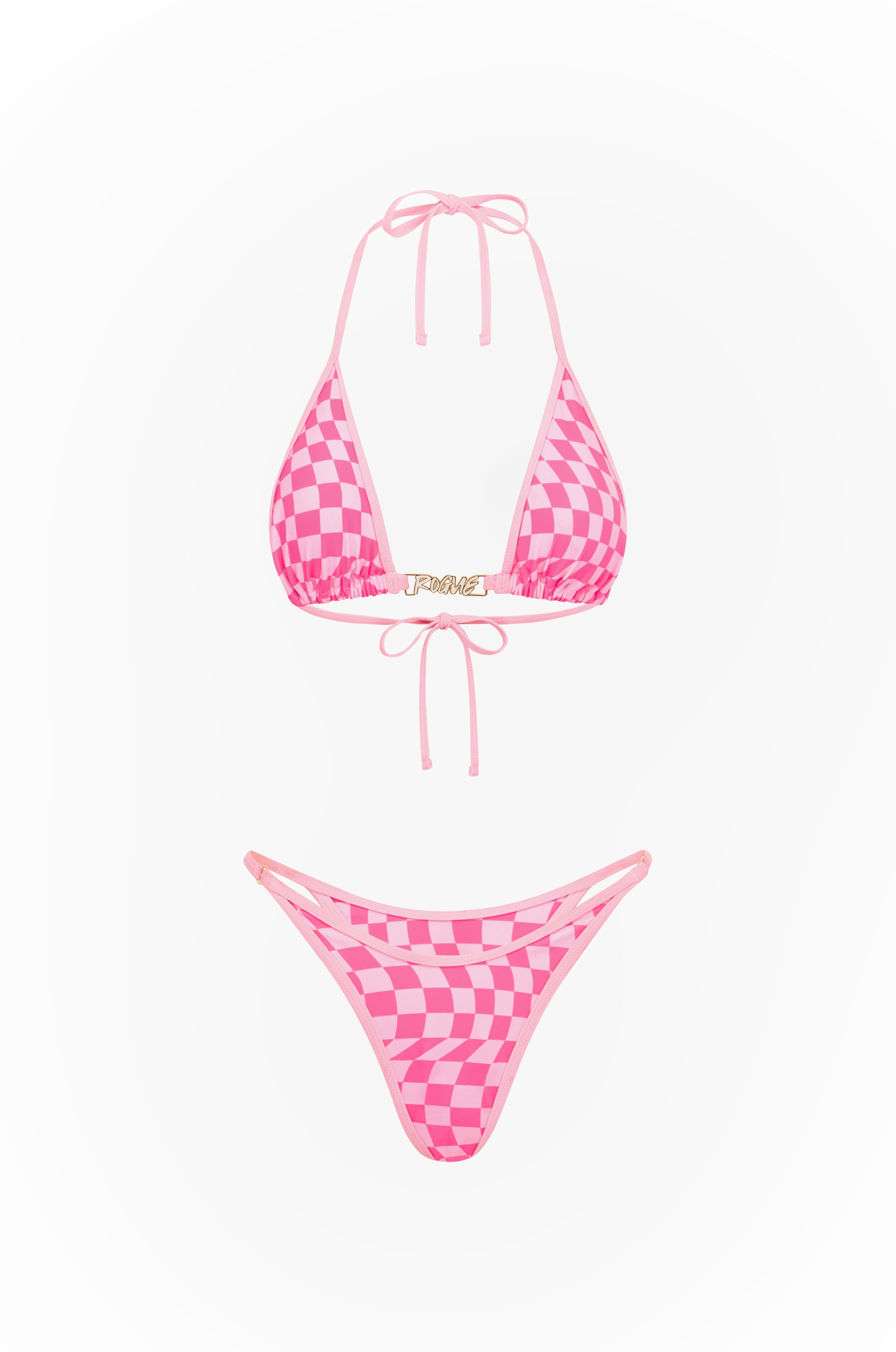 Pink checkered bikini set on a white background