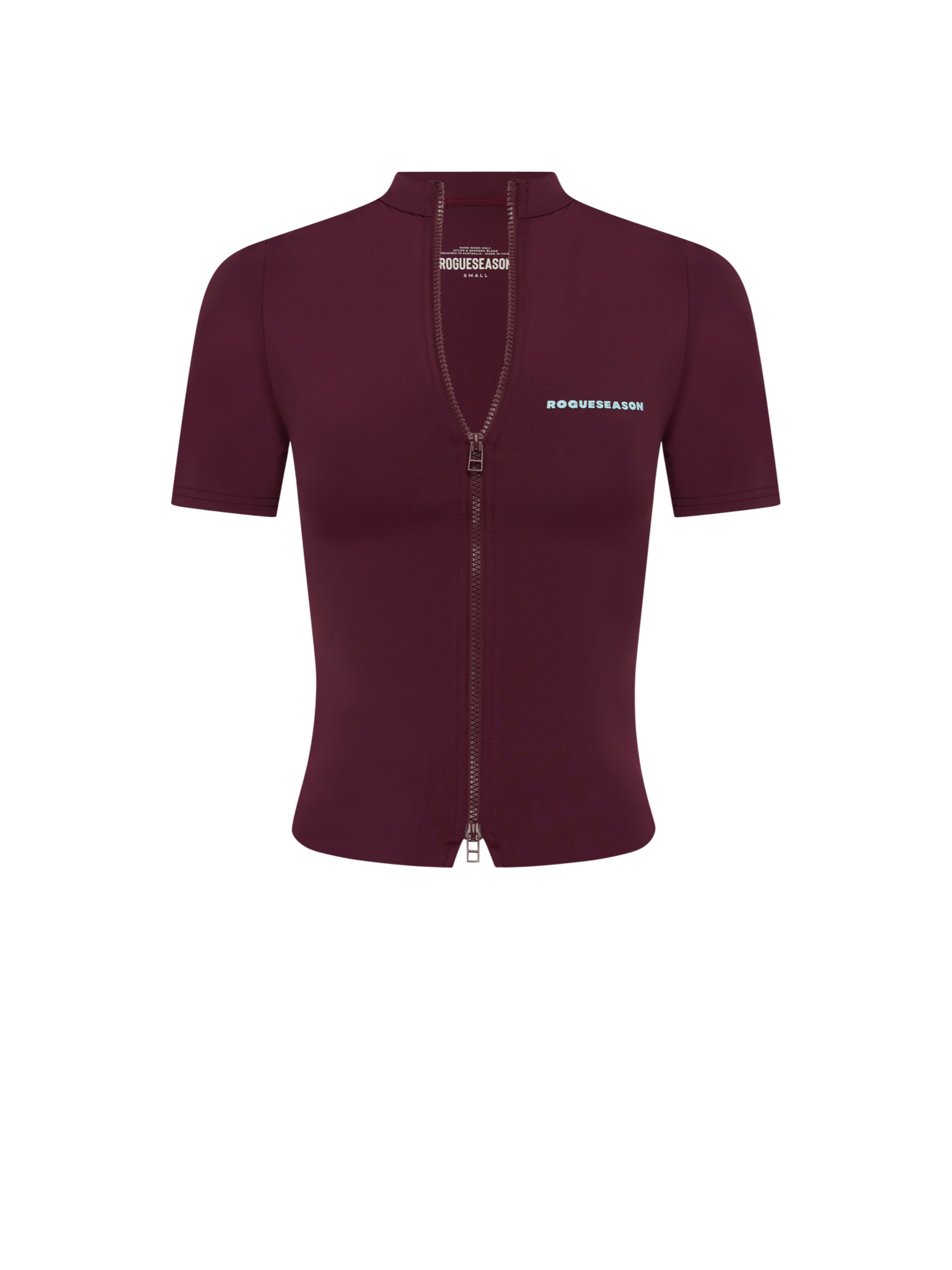 A short-sleeve zip-up top in burgundy, featuring a full-length front zipper, a mock neck collar, and the brand name 'ROGUE SEASON' printed in blue on the left chest.