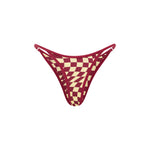 Back view of cherry and yellow checkered bikini bottoms with thin adjustable side straps, displayed on a plain background.
