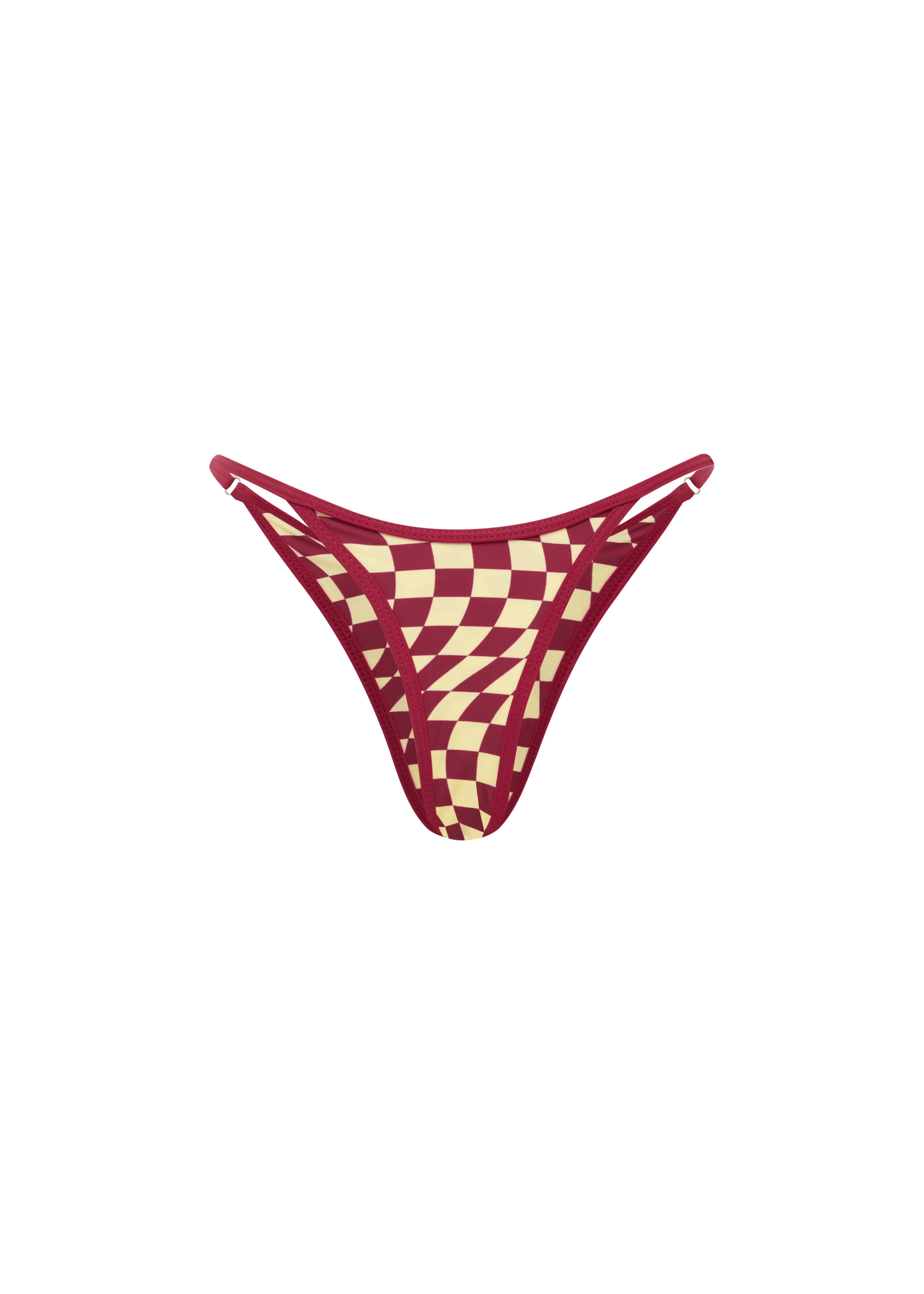 Back view of cherry and yellow checkered bikini bottoms with thin adjustable side straps, displayed on a plain background.