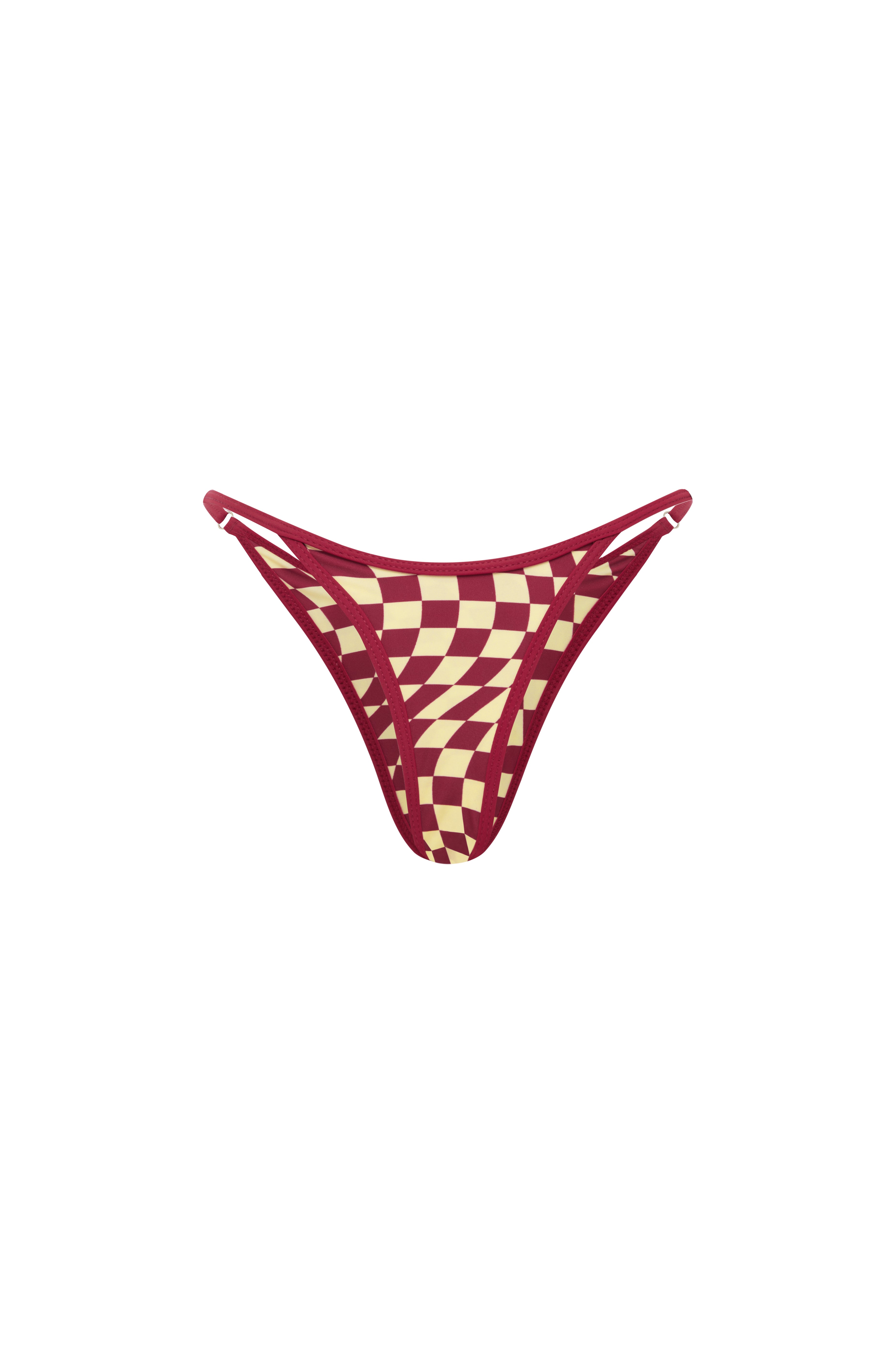 Back view of cherry and yellow checkered bikini bottoms with thin adjustable side straps, displayed on a plain background.