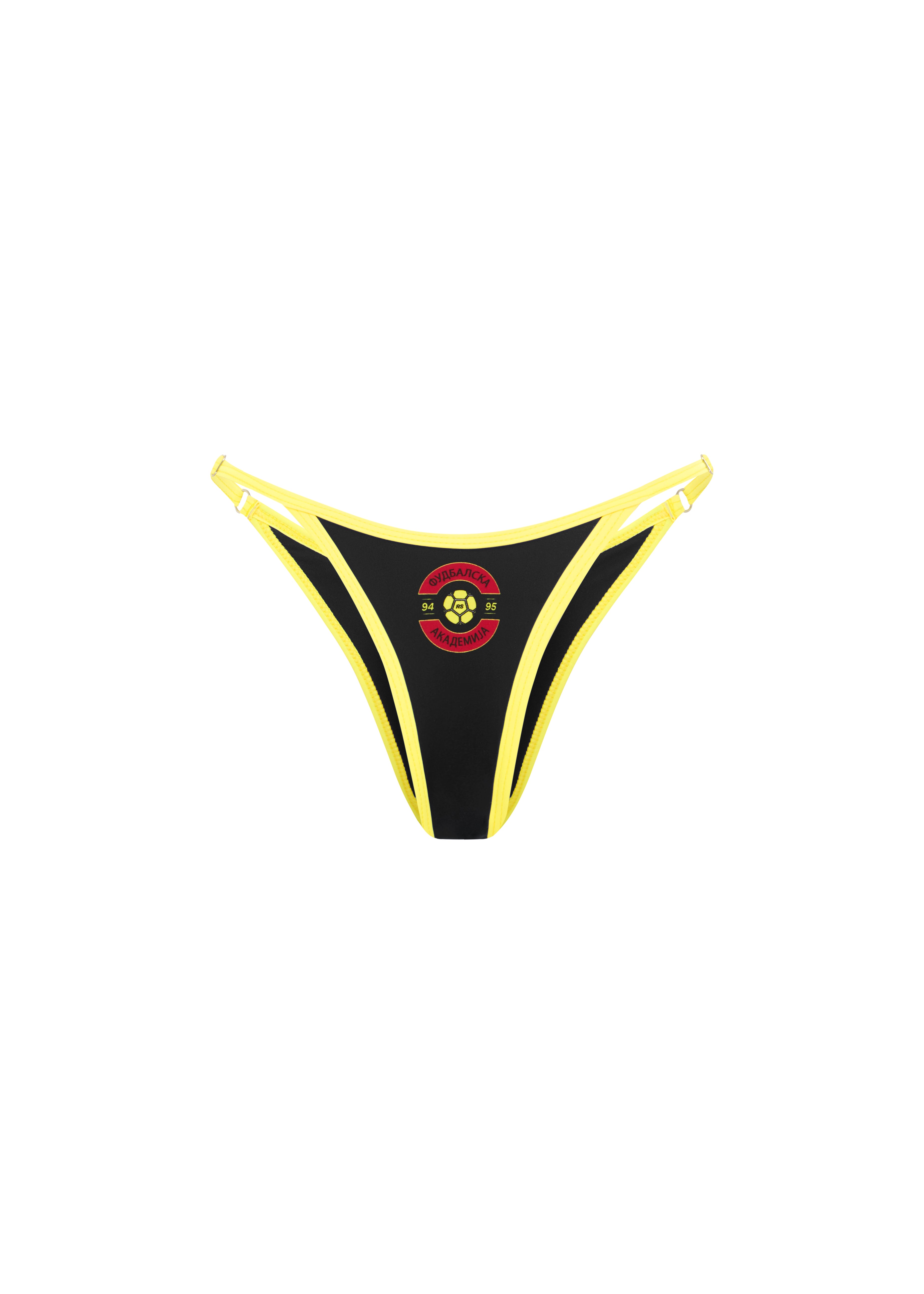 Black and yellow triangle bikini set with contrast trim and Rogue Season logo, on a white background