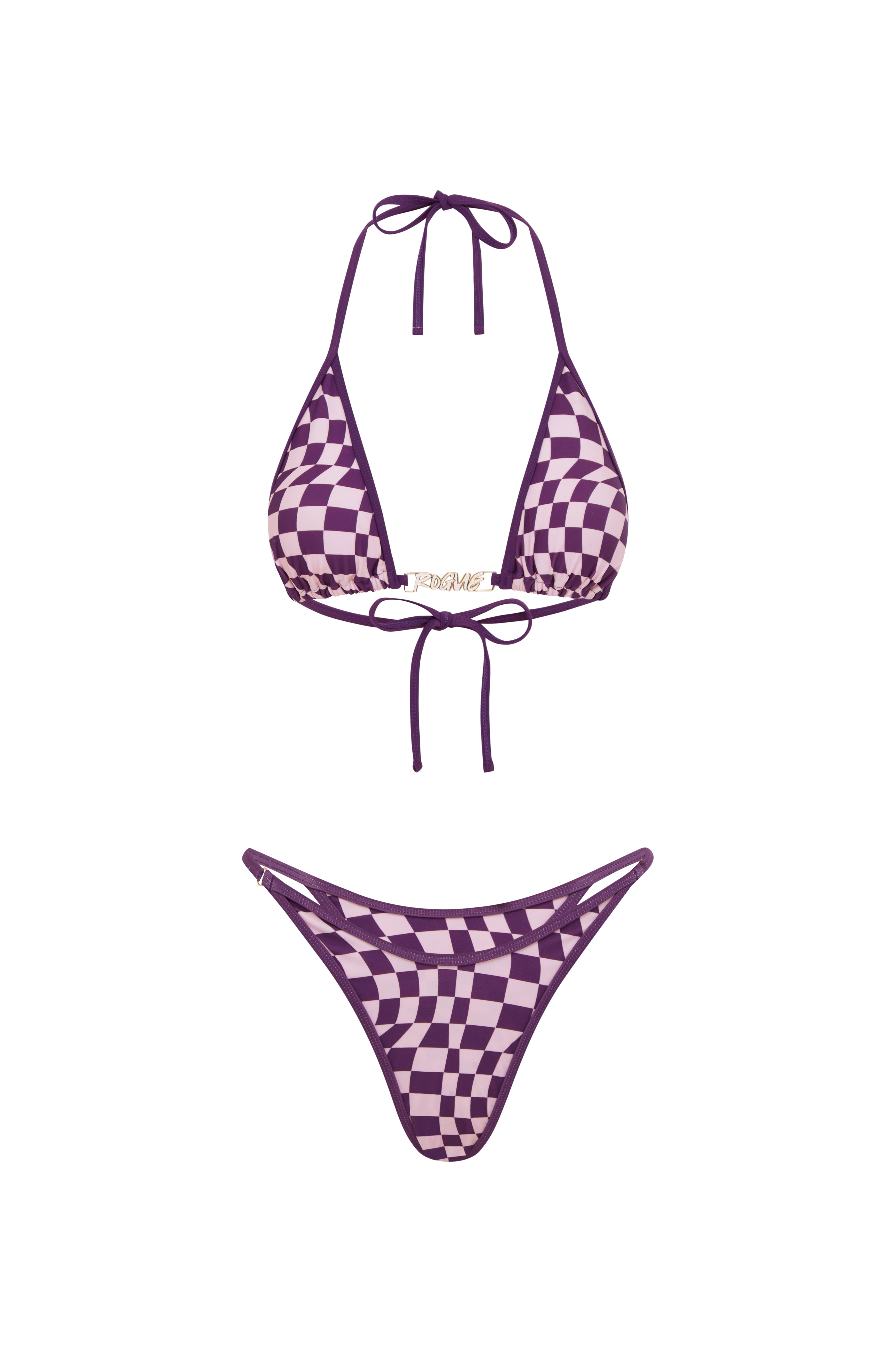 Purple checkered bikini set on a white background