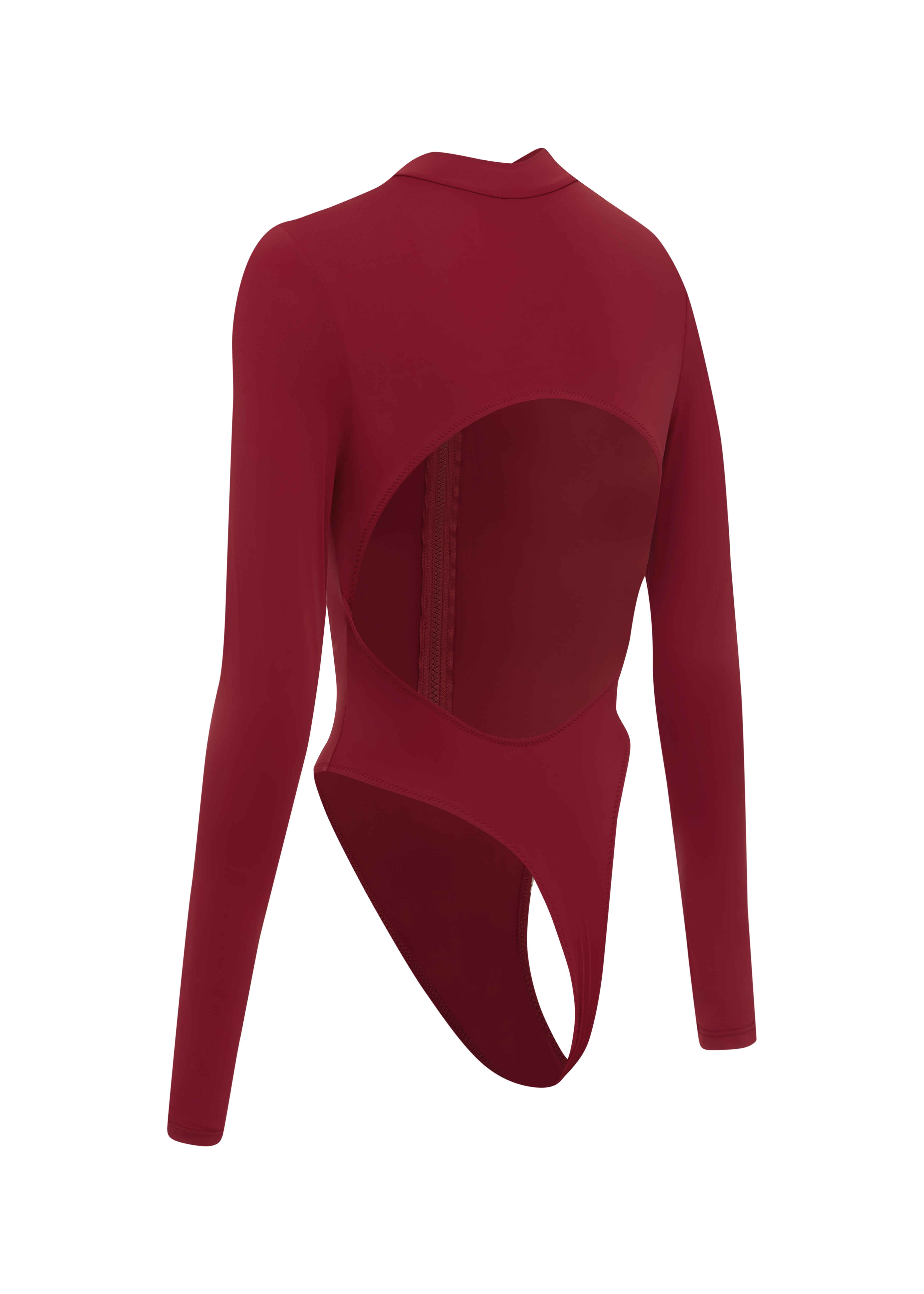 Red bodysuit with long sleeves and a cut-out back on a white background