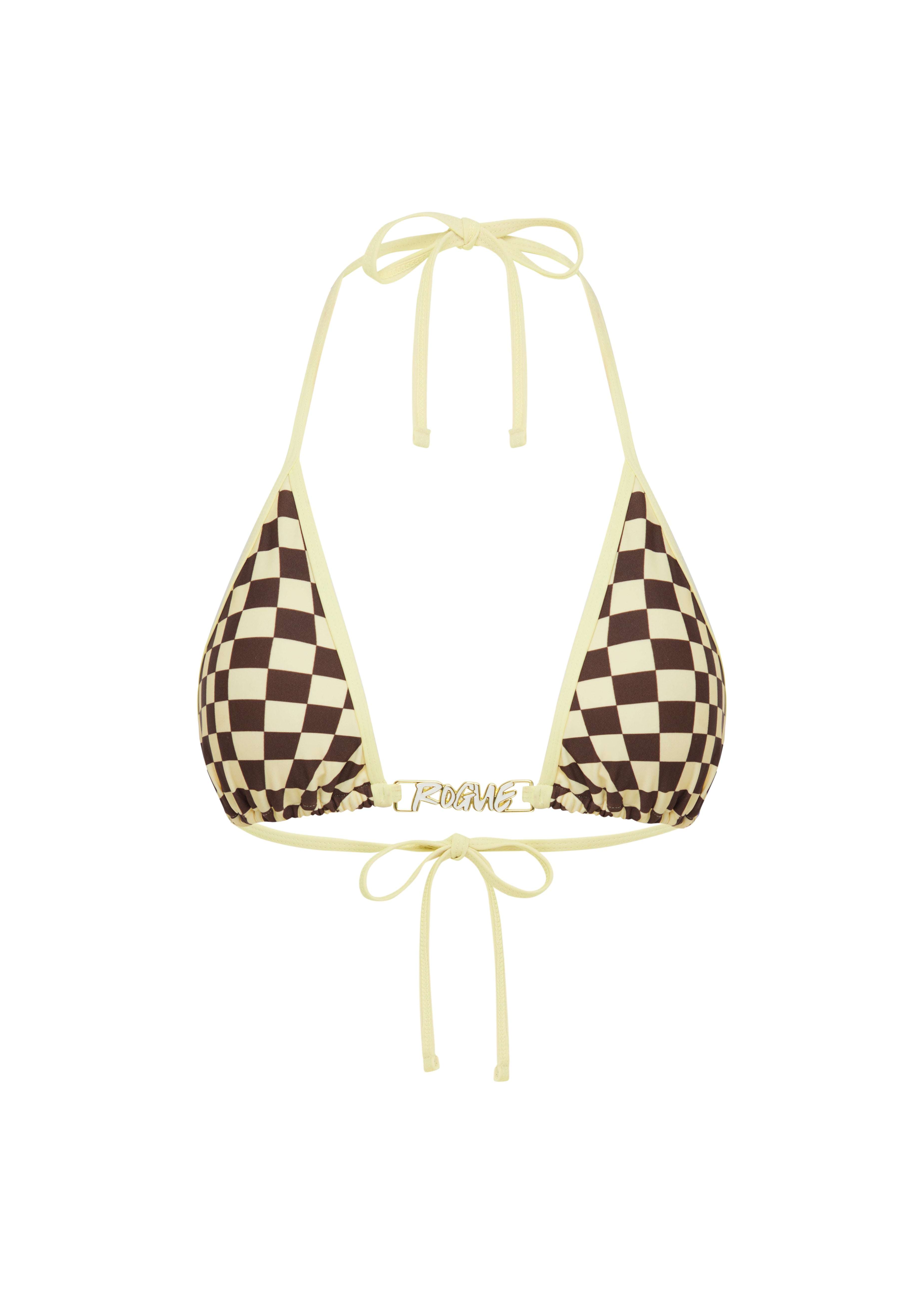 Yellow and brown checkered bikini top with yellow straps on a white background.