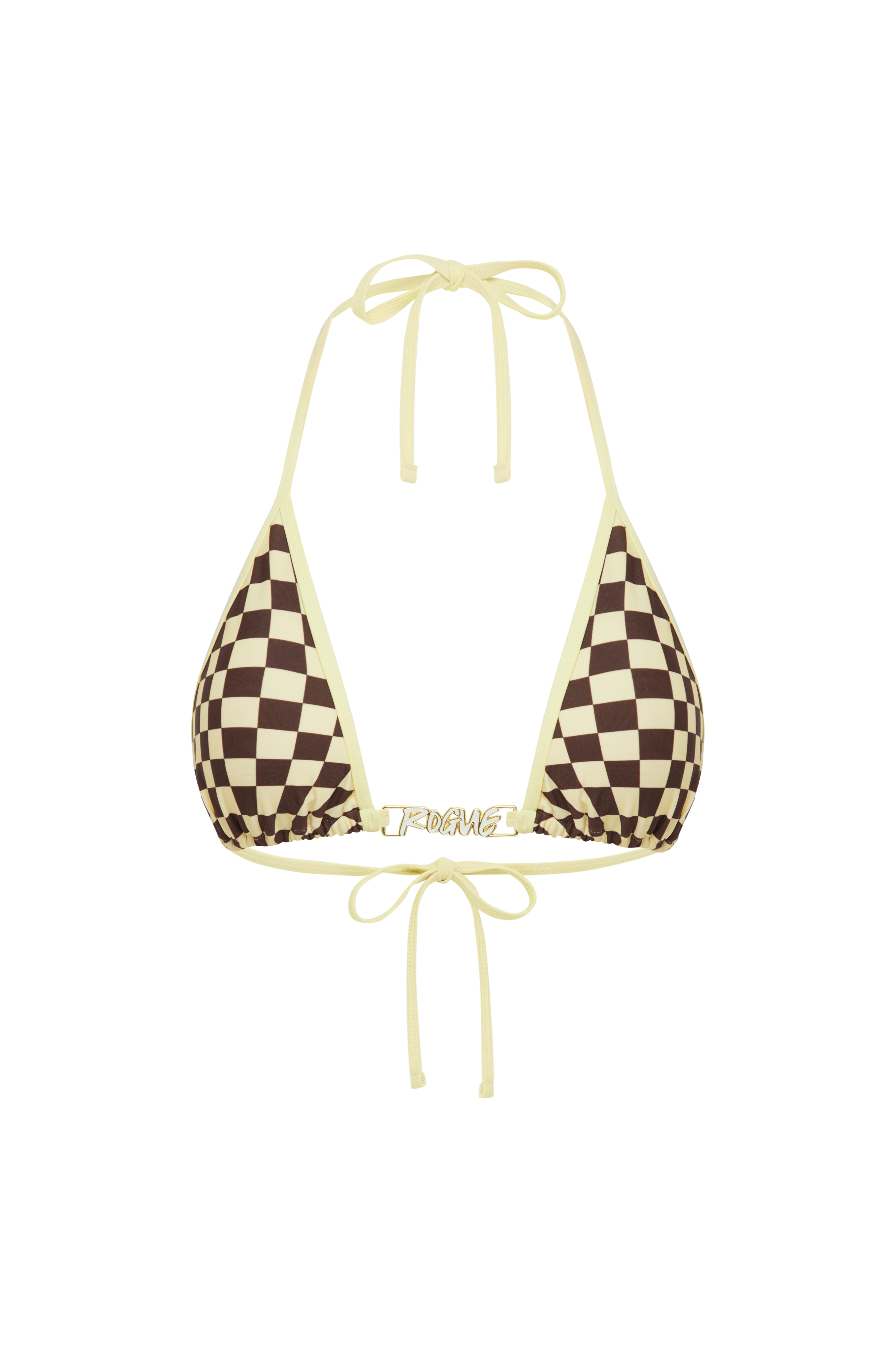 Yellow and brown checkered bikini top with yellow straps on a white background.