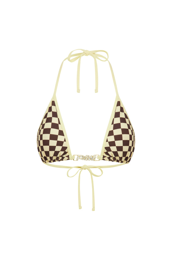 Yellow and brown checkered bikini top with yellow straps on a white background.
