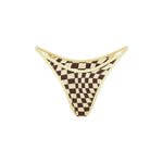 Checkered yellow and brown bikini bottom on a white background