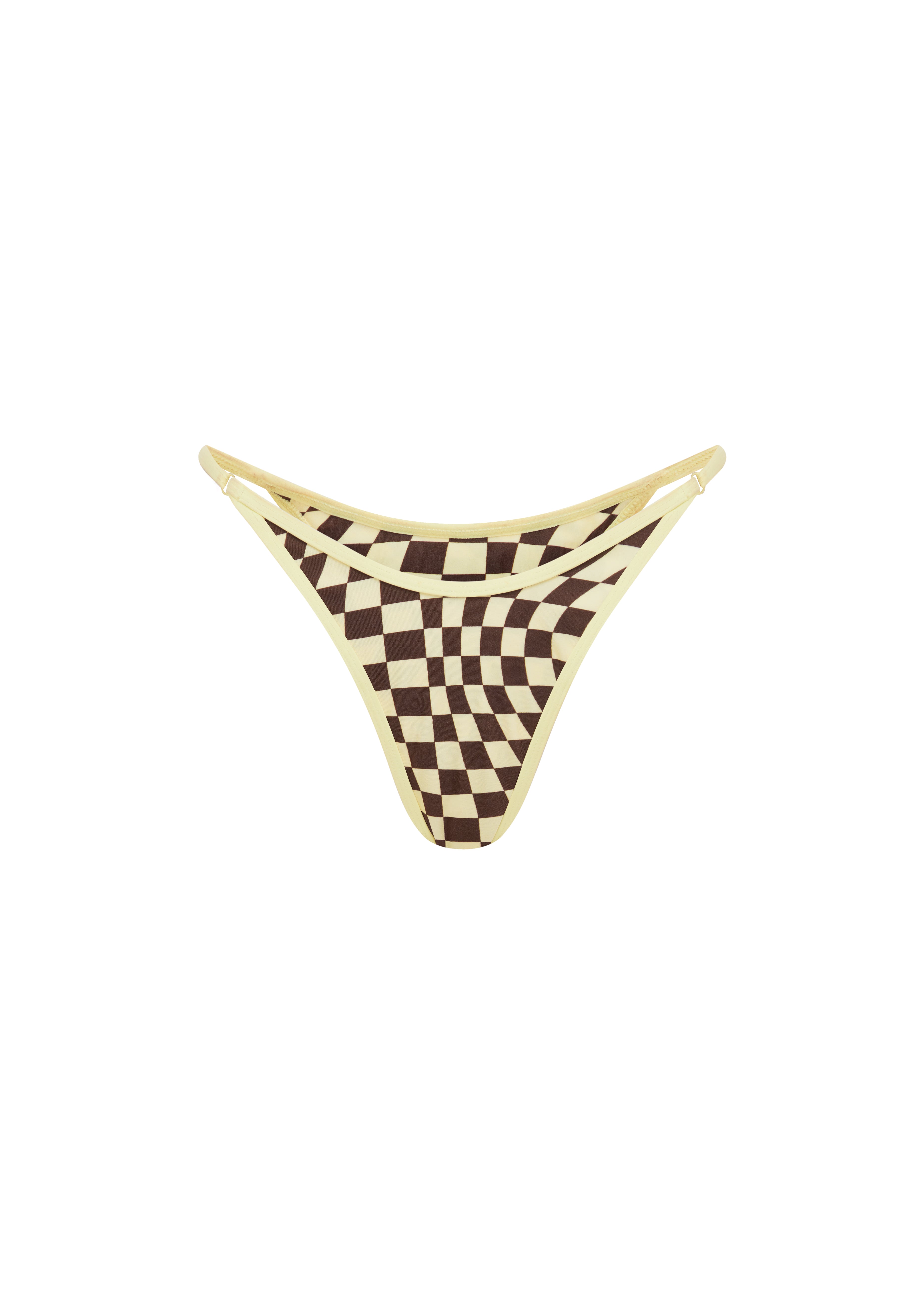 Checkered yellow and brown bikini bottom on a white background