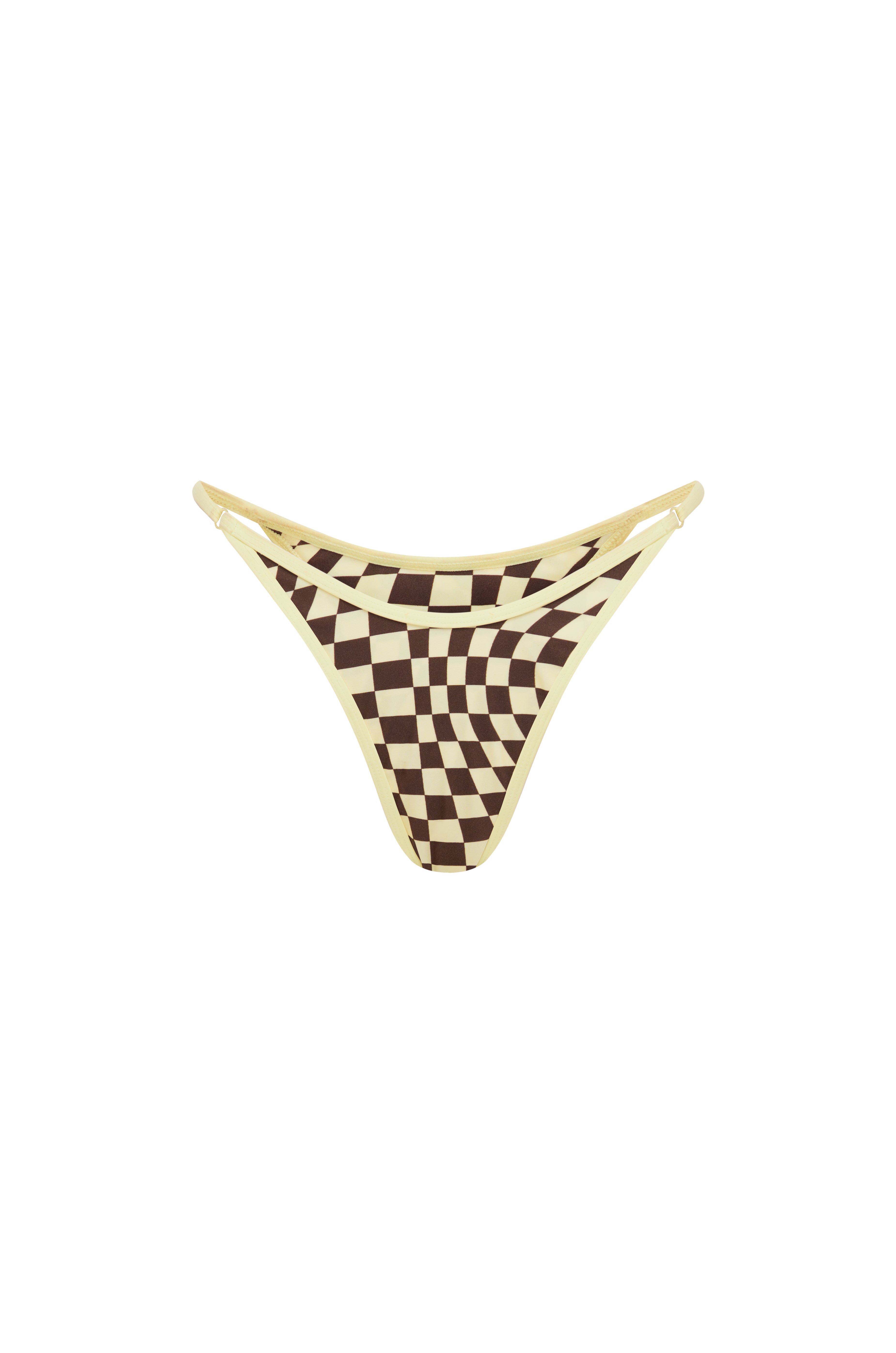 Checkered yellow and brown bikini bottom on a white background