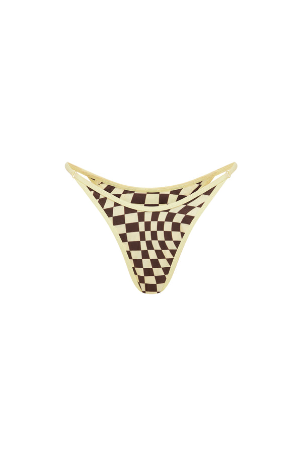 Checkered yellow and brown bikini bottom on a white background