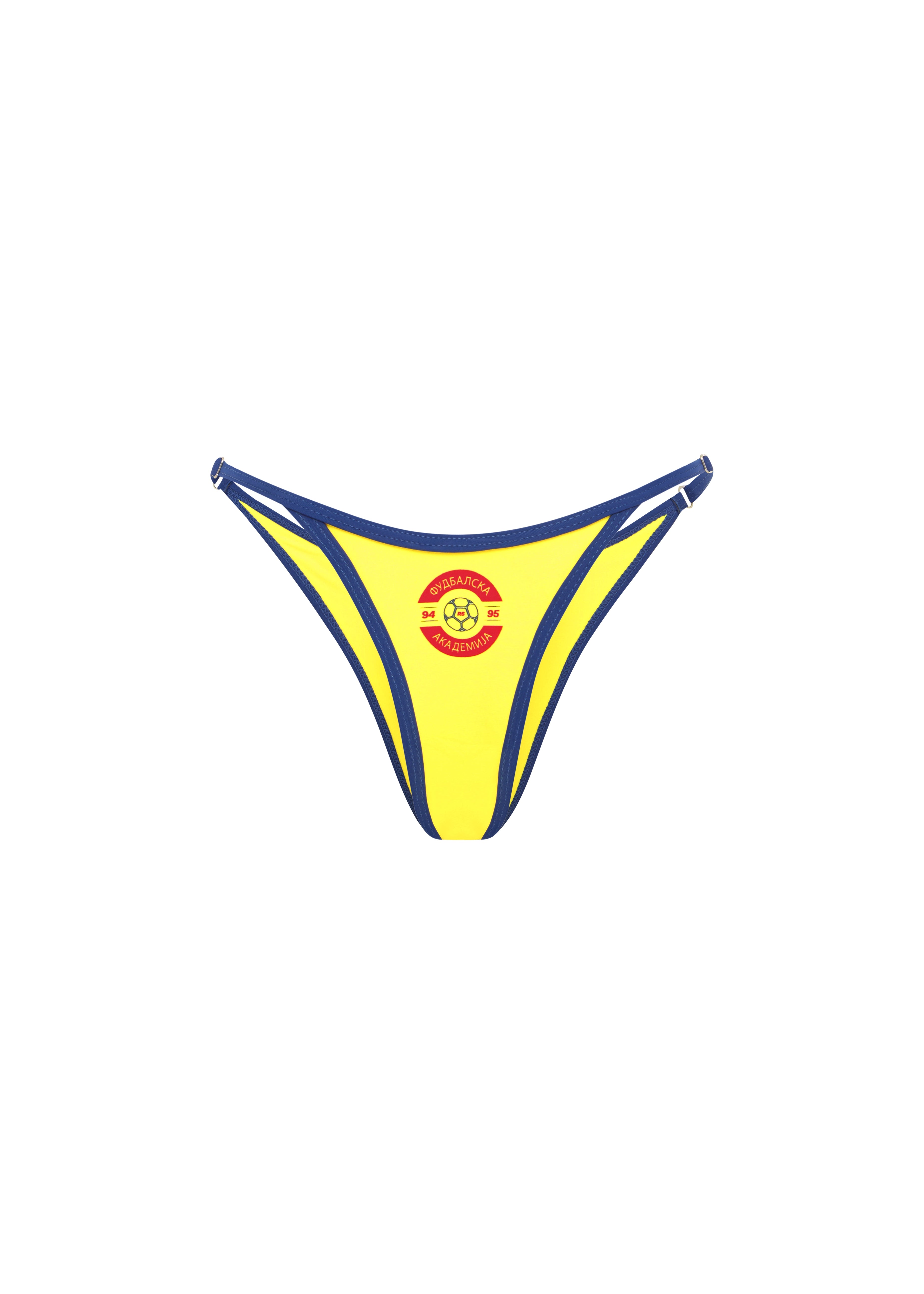 Yellow triangle bikini top with blue trim and Rogue Season logo, on a white background.
