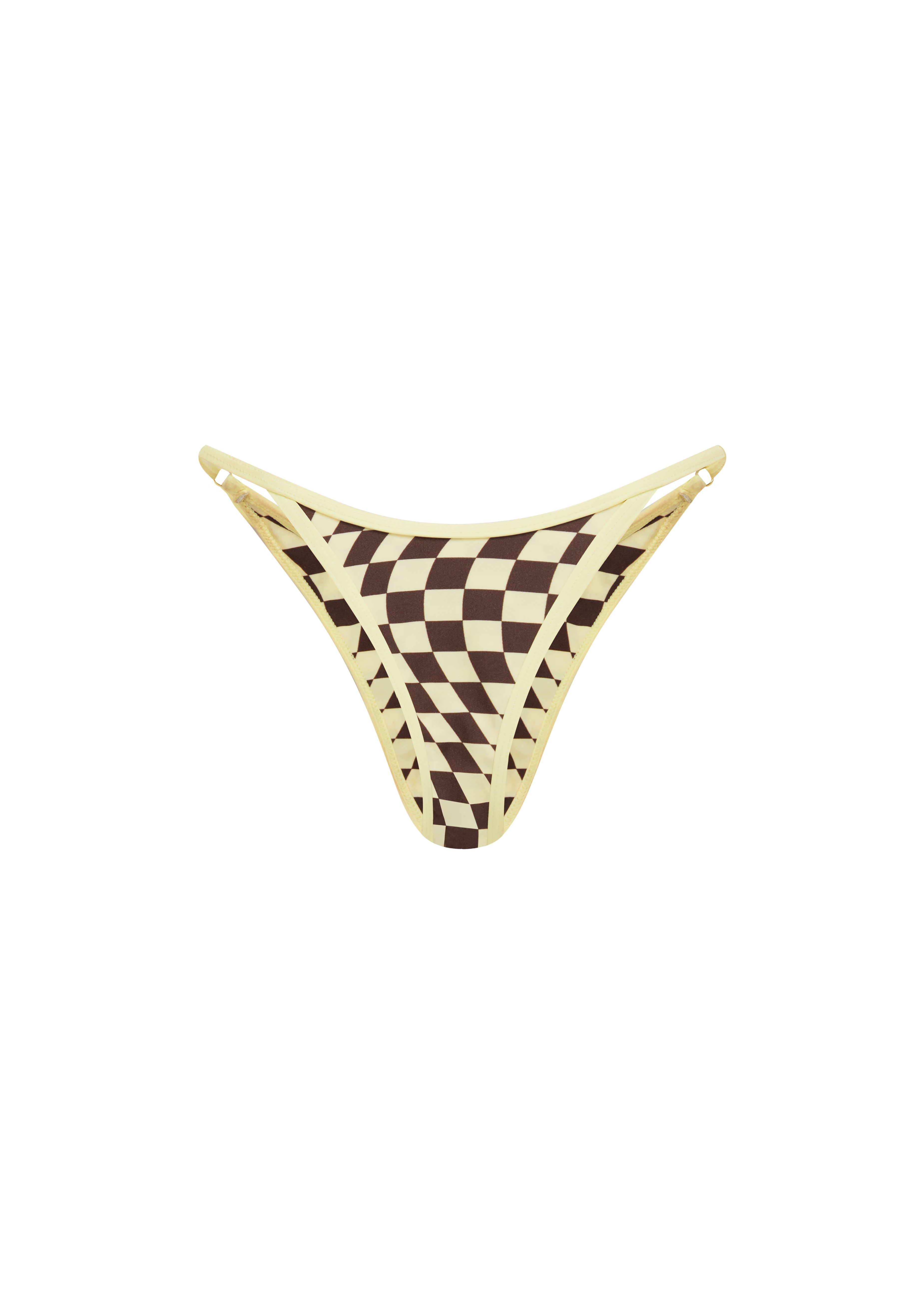 Checkered yellow and brown bikini bottom on a white background