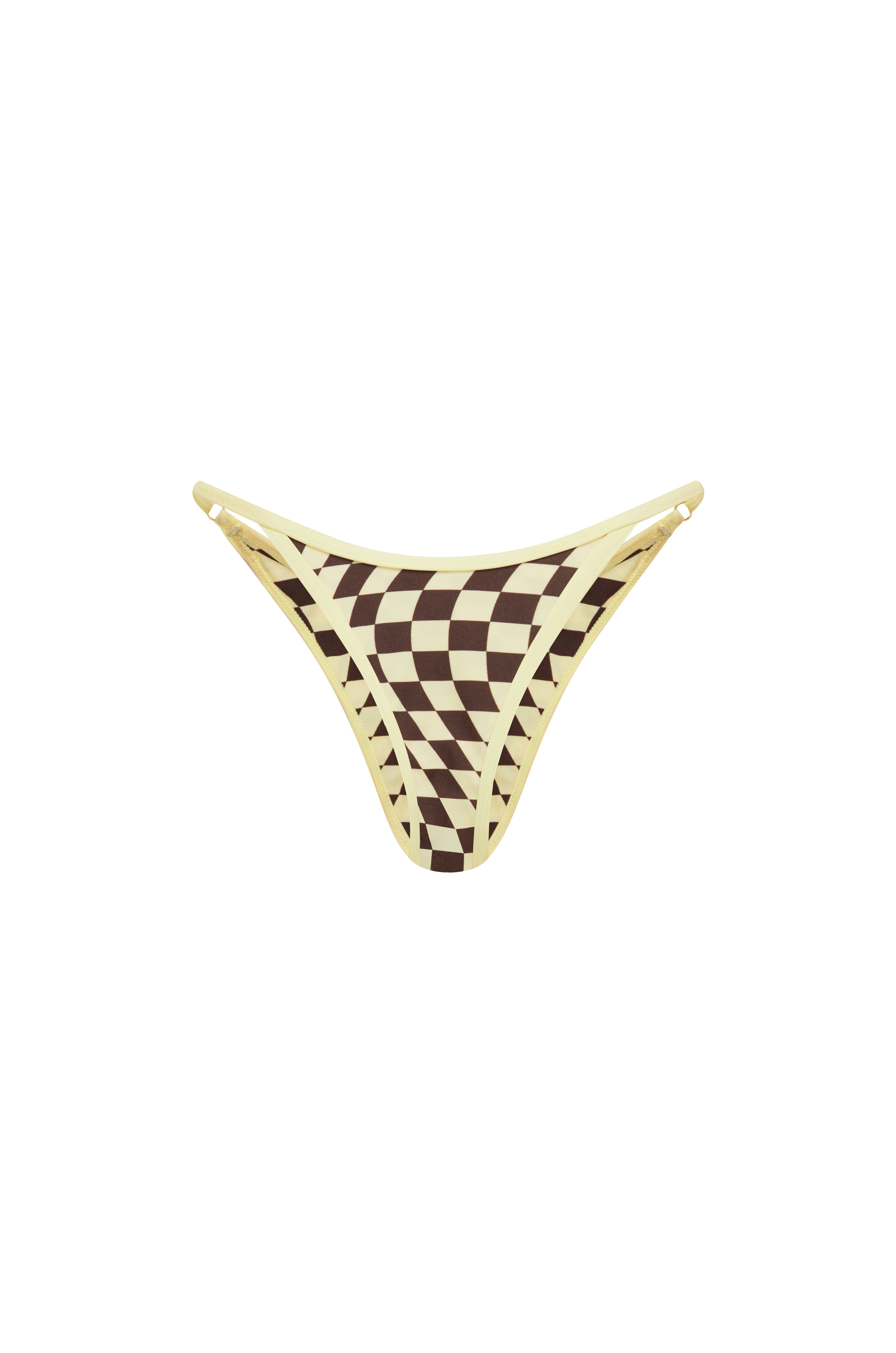 Checkered yellow and brown bikini bottom on a white background