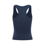 Back view of navy Rogue Season fitted tank top with scoop neckline and yellow logo graphic on the front, on a white background.