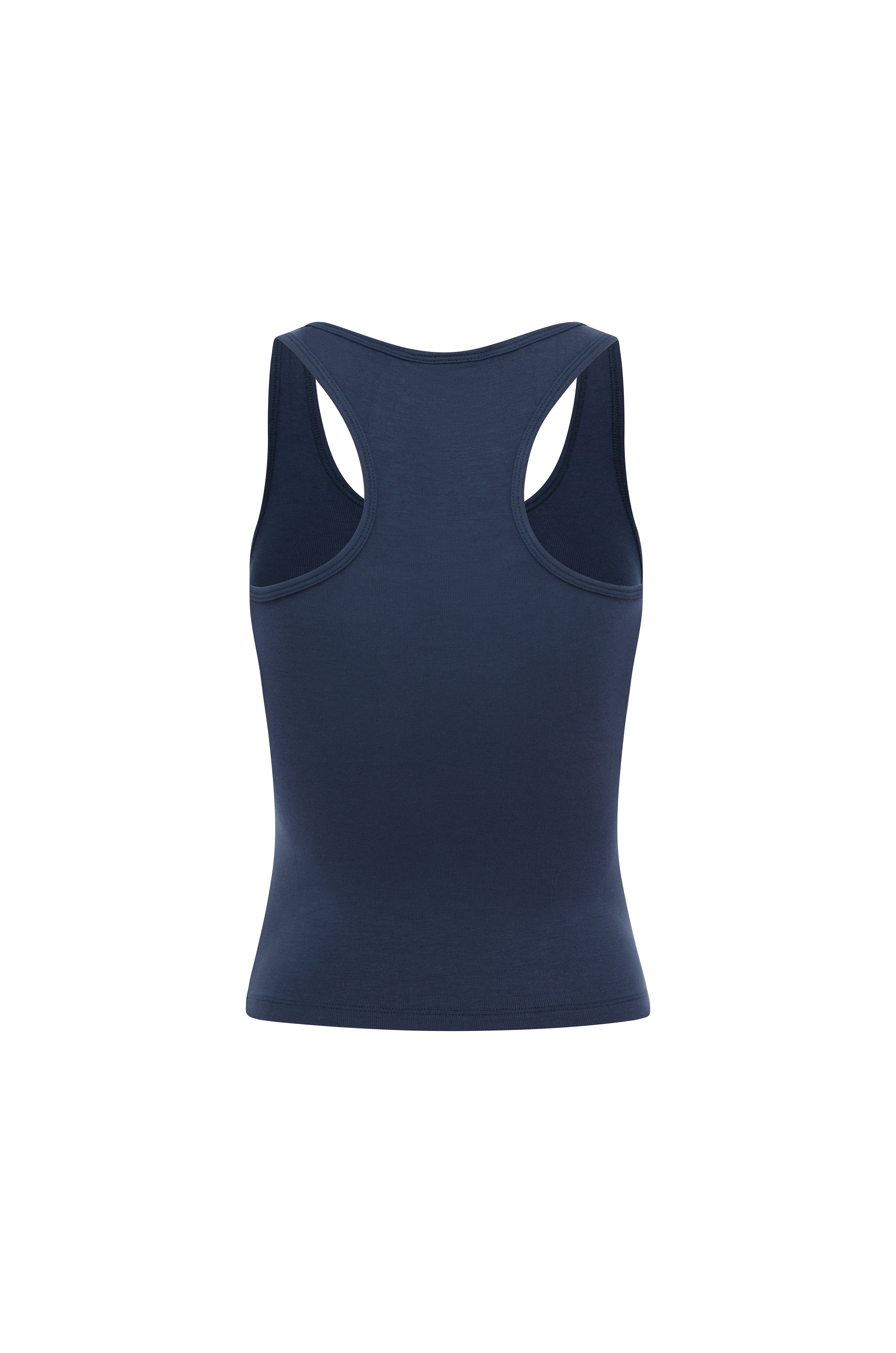 Back view of navy Rogue Season fitted tank top with scoop neckline and yellow logo graphic on the front, on a white background.