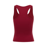 Back shot of Cherry fitted tank top with scoop neckline and yellow Rogue Season logo graphic on the front, shown on a plain background.