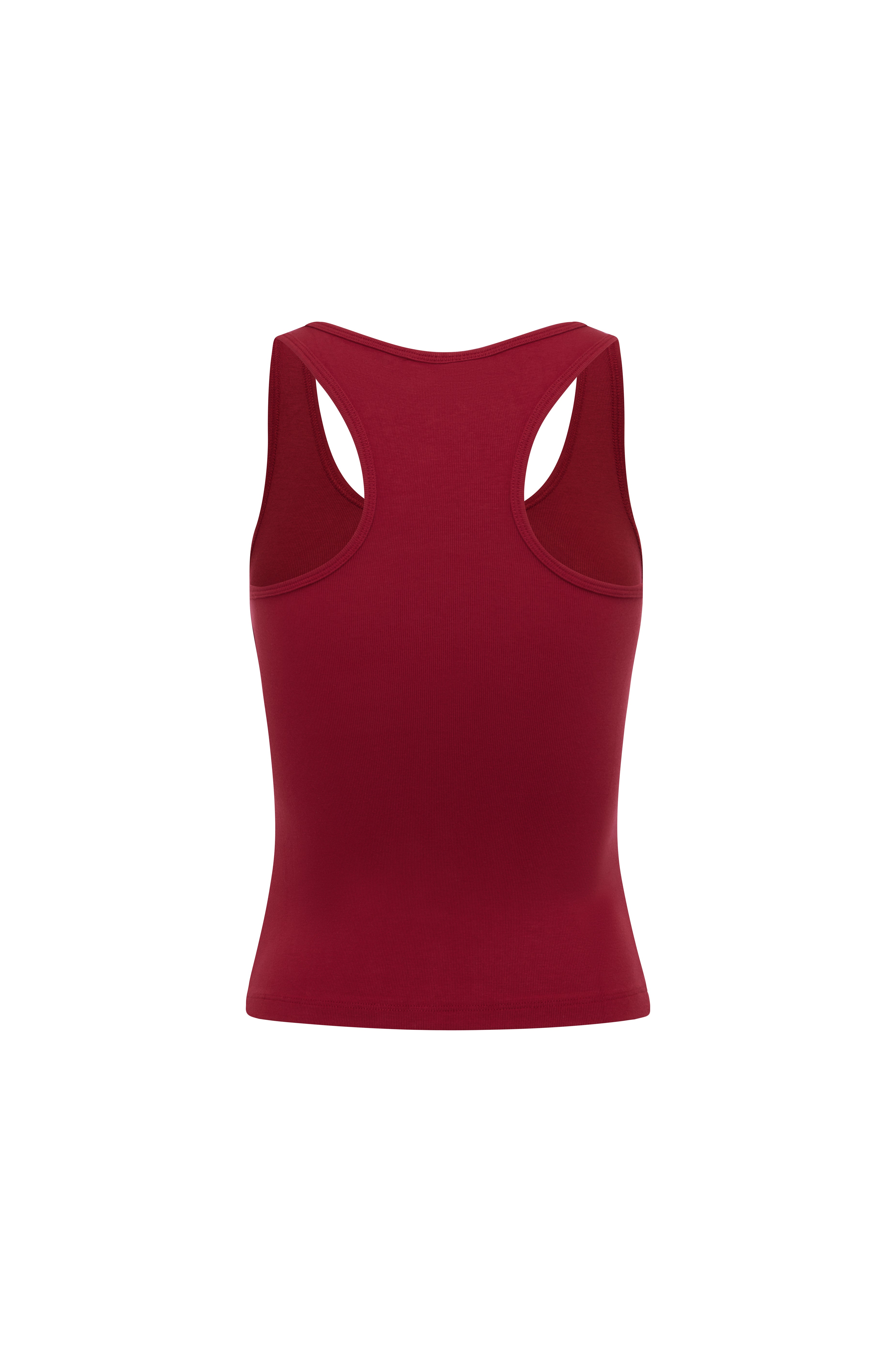 Back shot of Cherry fitted tank top with scoop neckline and yellow Rogue Season logo graphic on the front, shown on a plain background.