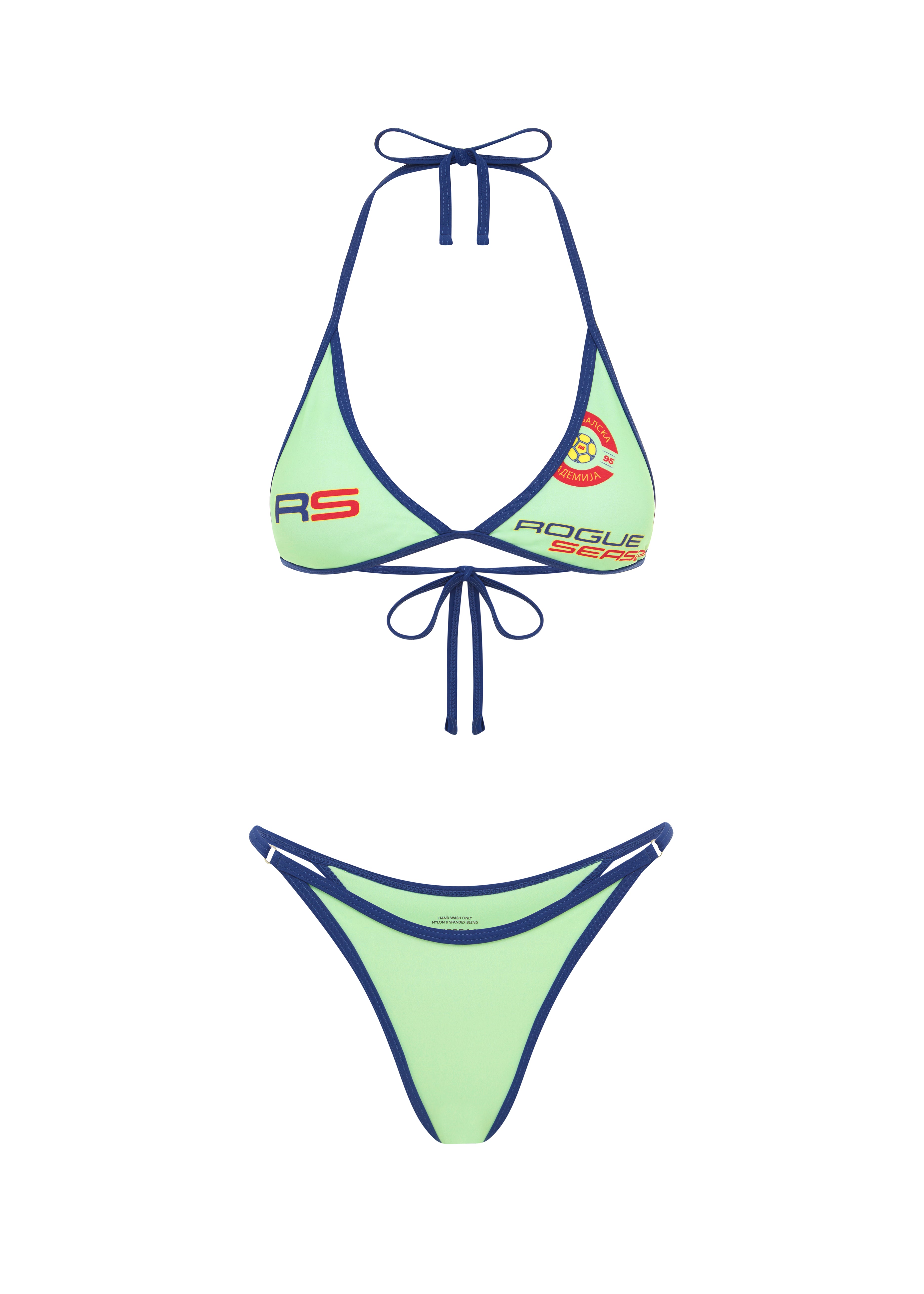 Green bikini bottom and matching triangle bikini top with navy trim and RS logo detailing, on a white background