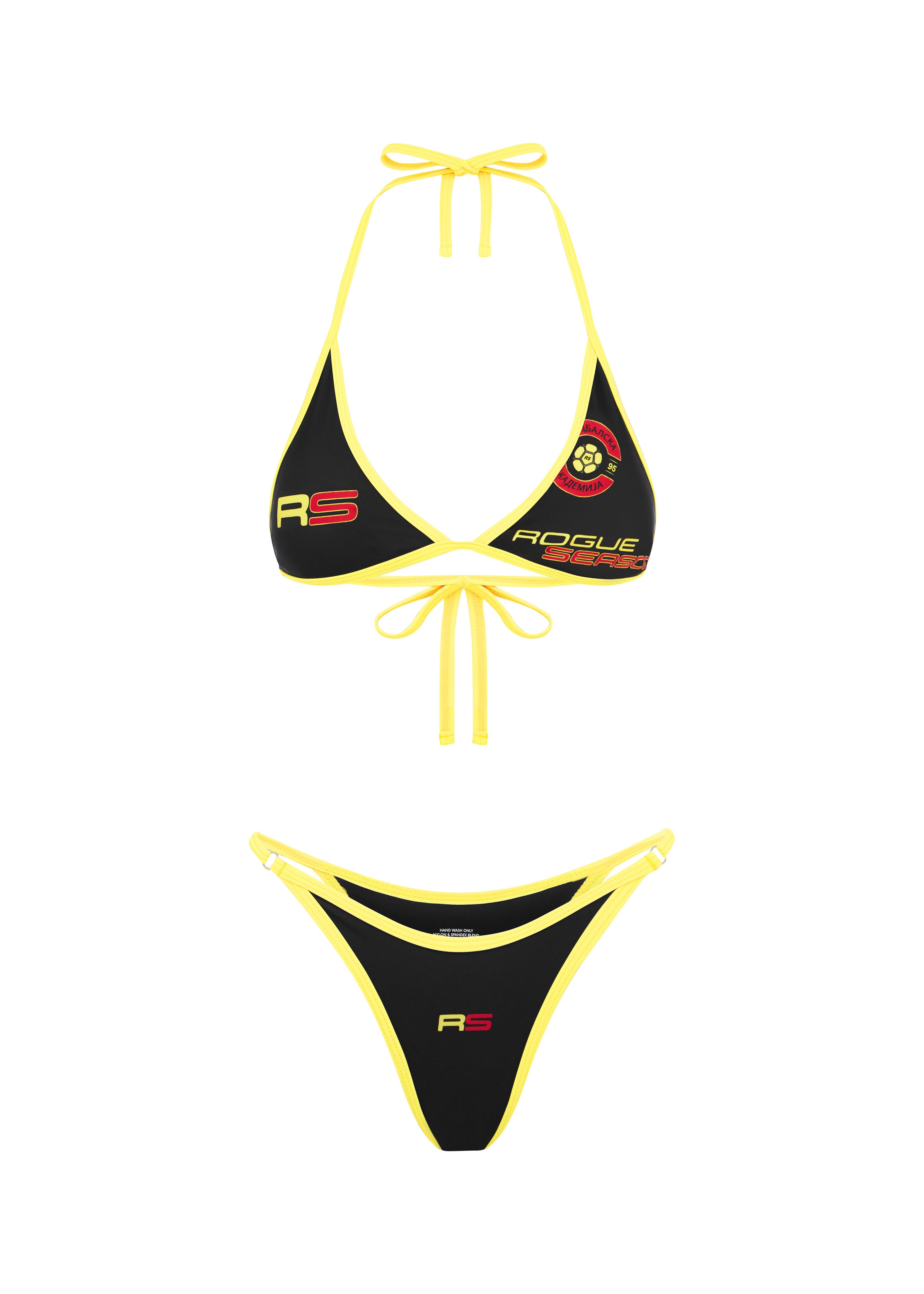 Black and yellow triangle bikini top and bottom displayed on a white background, showing close-up detailing of the top and trim with Rogue Season logo detaling.