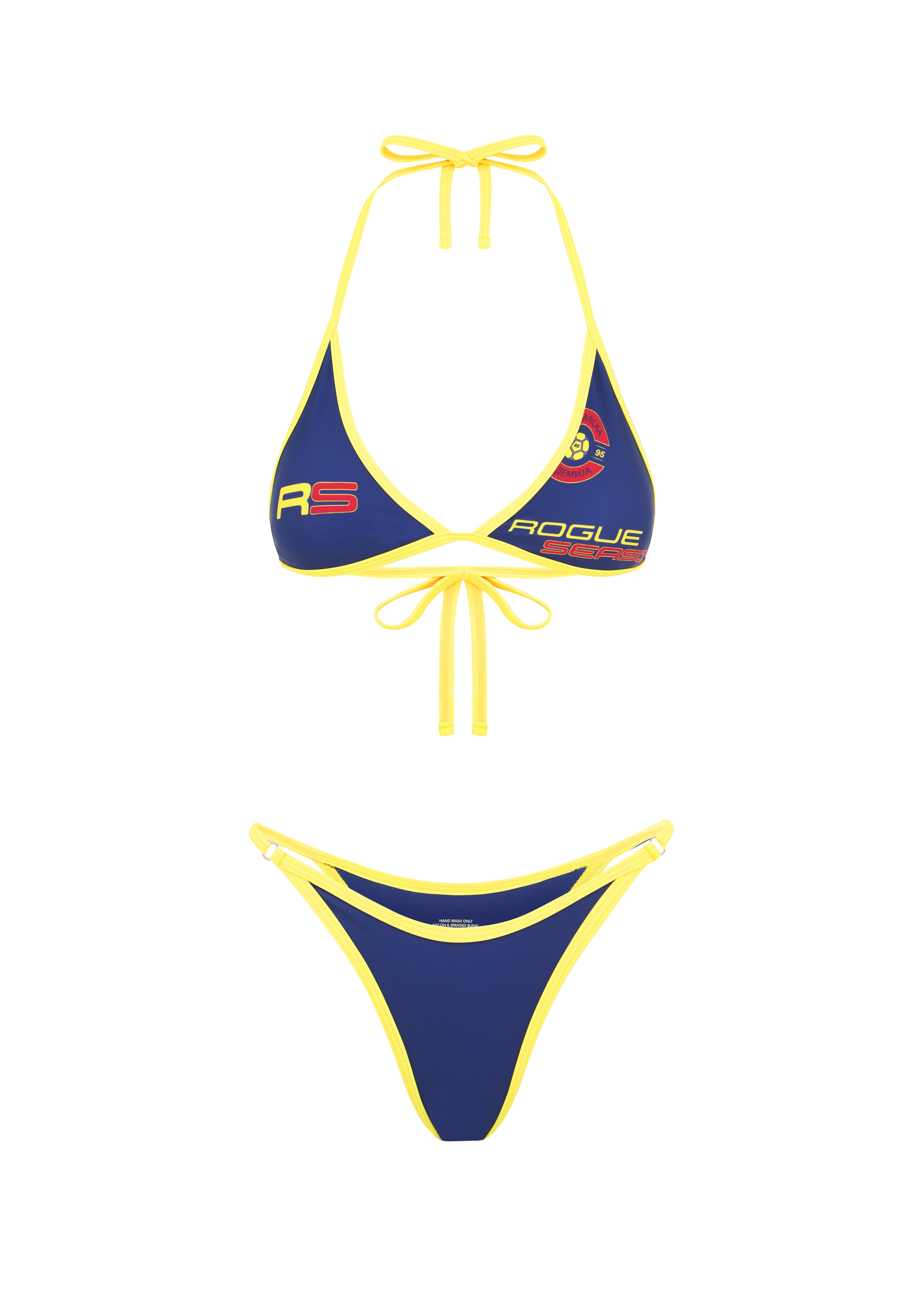 Blue triangle bikini top with yellow trim and Rogue Season logo, paired with a matching blue high-cut bikini bottom with yellow trim, on a white background.