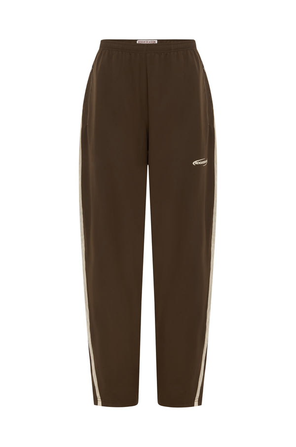 Brown with a beige logo and beige stripe on the side hems, on a white background