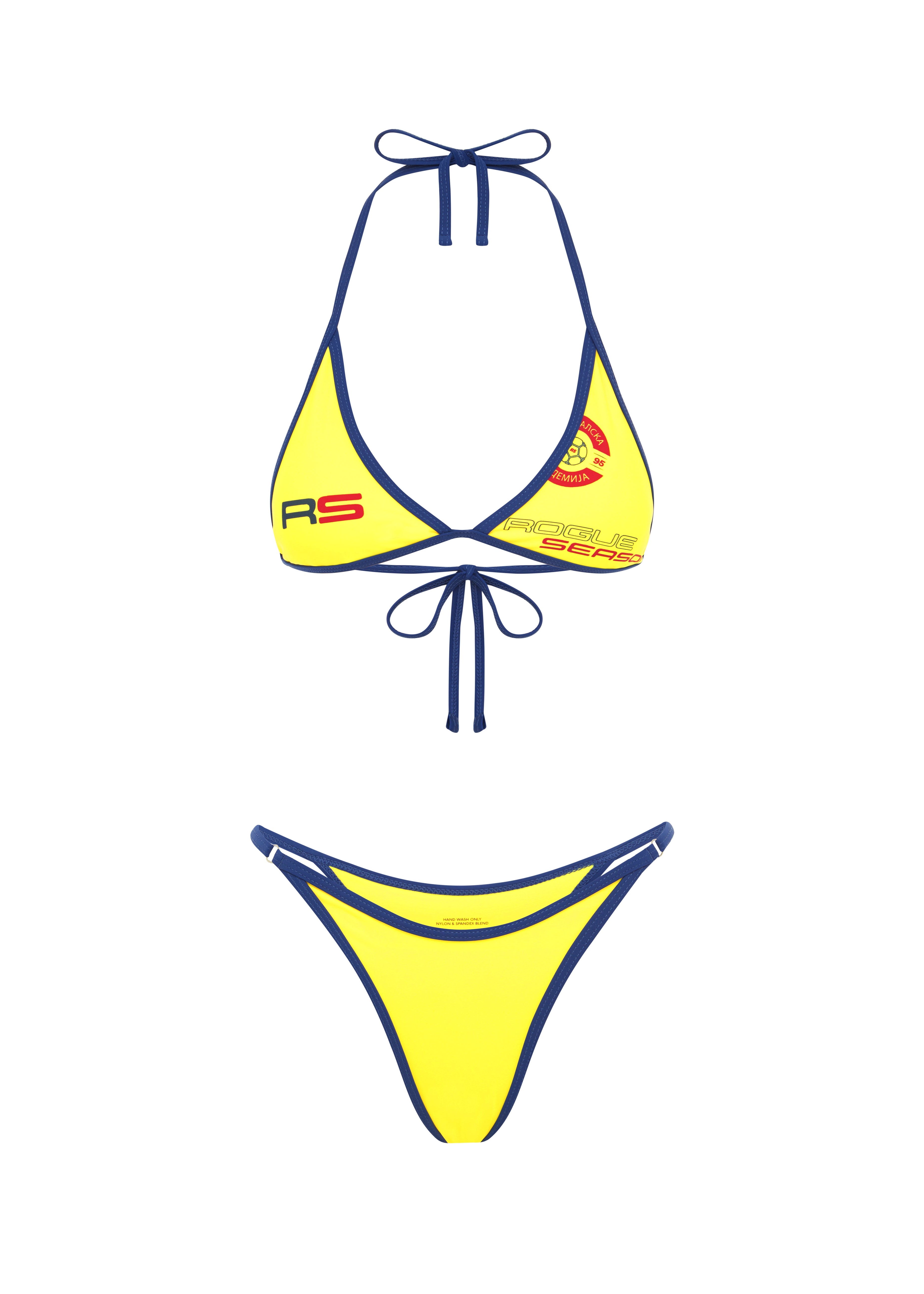 Yellow triangle bikini top with blue trim and Rogue Season logo, paired with a matching yellow high-cut bikini bottom with blue trim, on a white background.