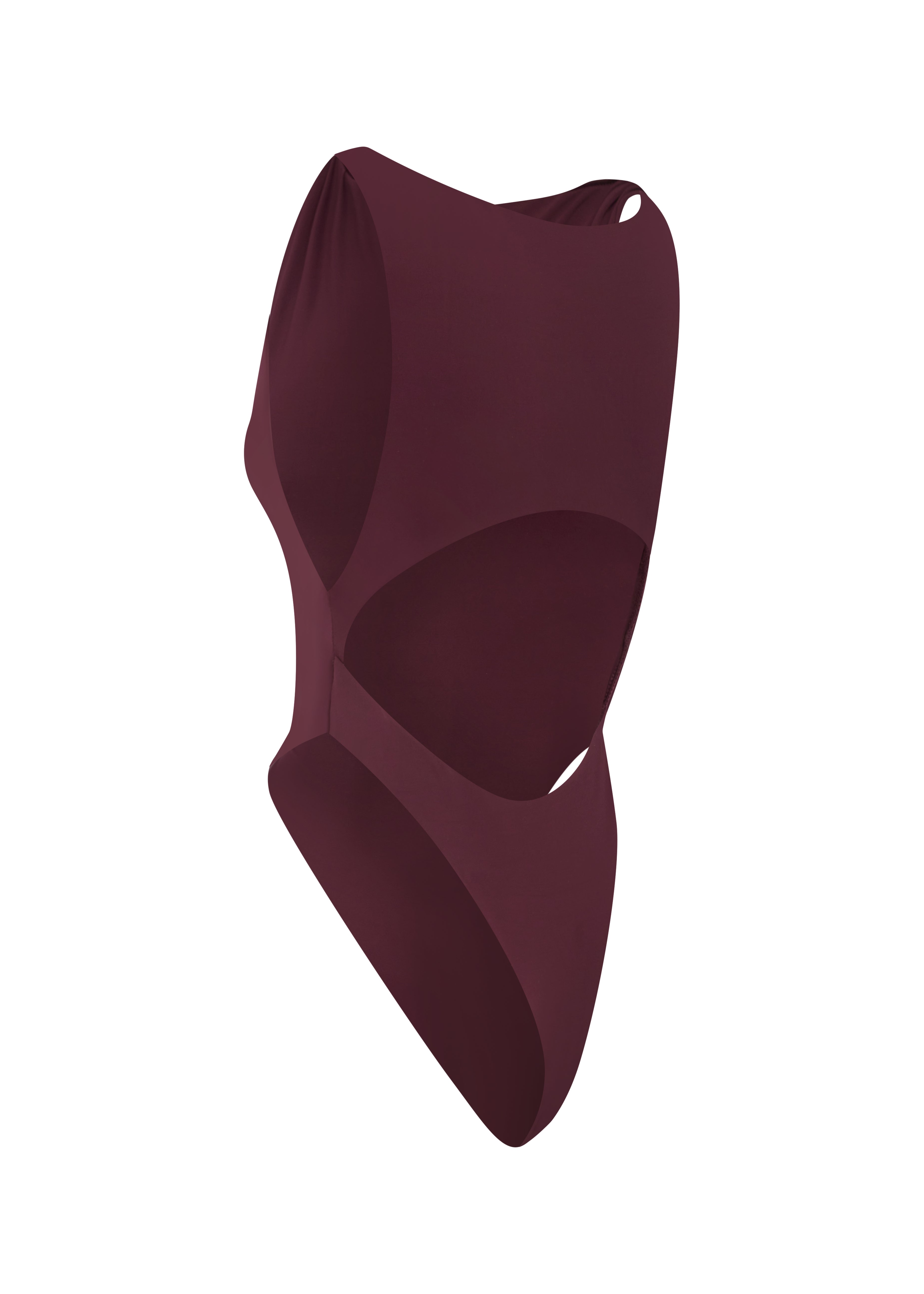 Back shot of burgundy swimsuit on a white background.