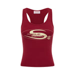 Cherry fitted tank top with scoop neckline and yellow Rogue Season logo graphic on the front, shown on a plain background.