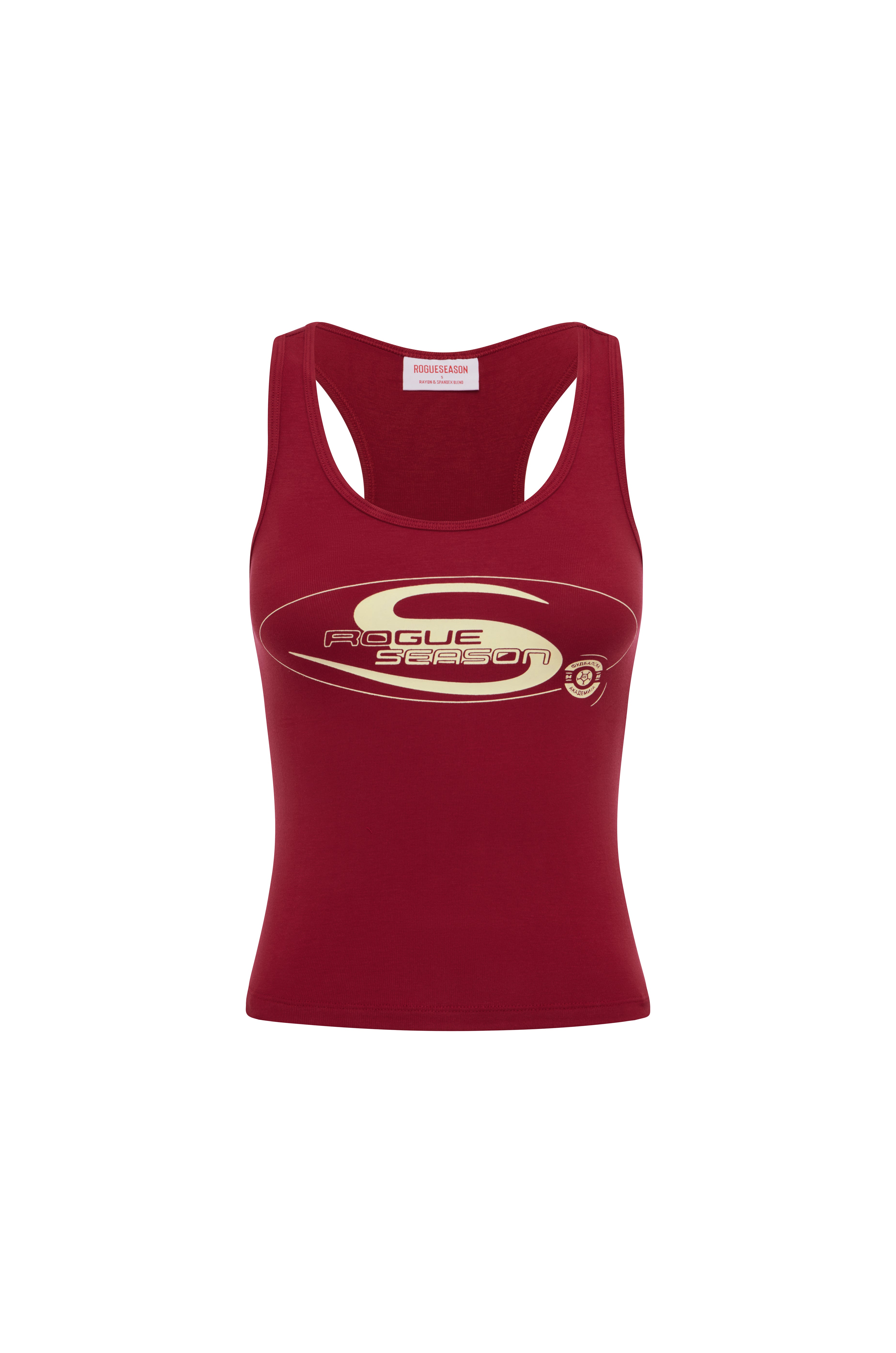 Cherry fitted tank top with scoop neckline and yellow Rogue Season logo graphic on the front, shown on a plain background.
