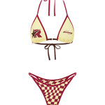 Rogue Season yellow triangle bikini top with cherry trim and matching cherry and yellow checkered bikini bottoms, shown as a set on a plain background.