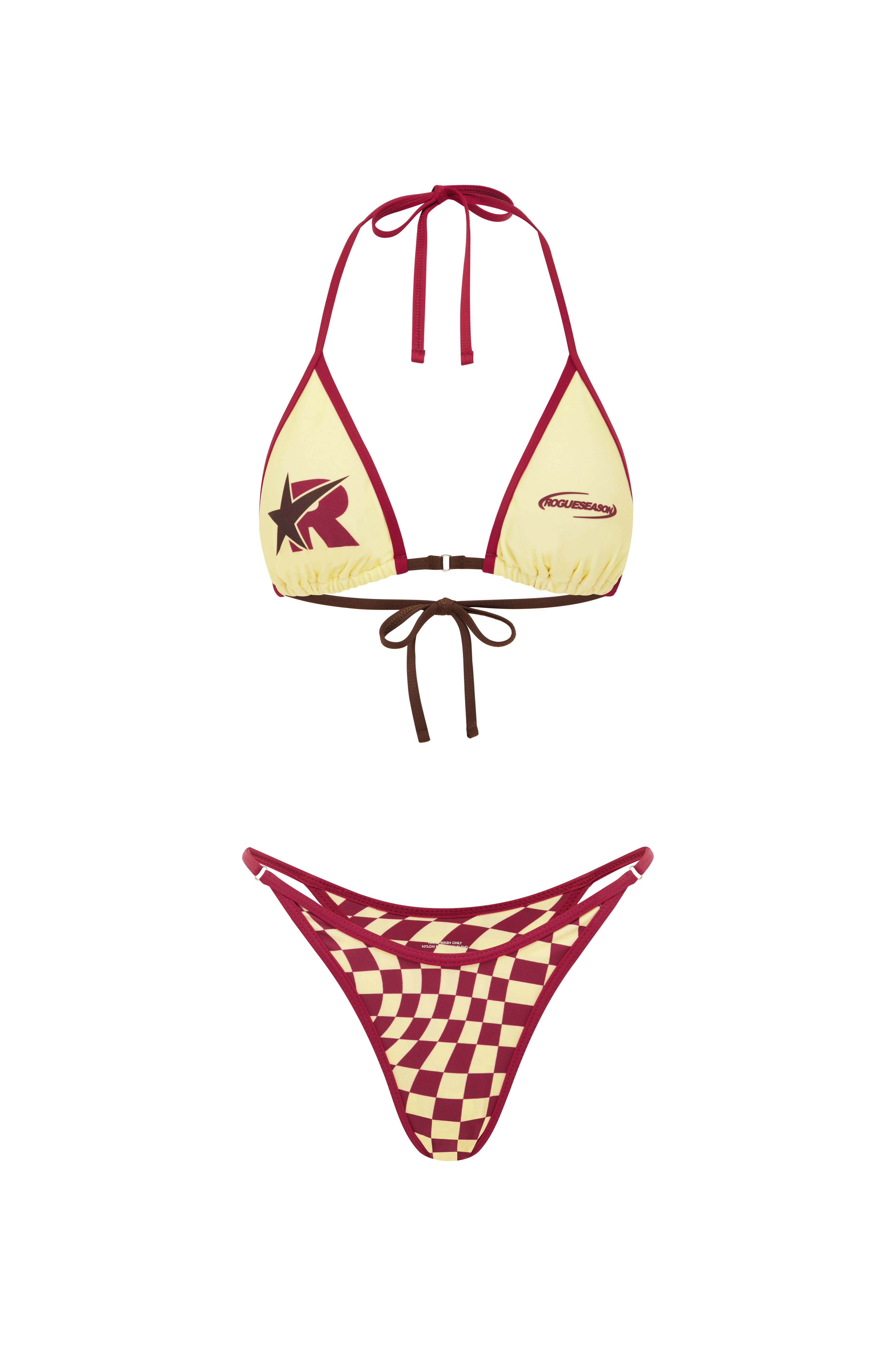 Rogue Season yellow triangle bikini top with cherry trim and matching cherry and yellow checkered bikini bottoms, shown as a set on a plain background.