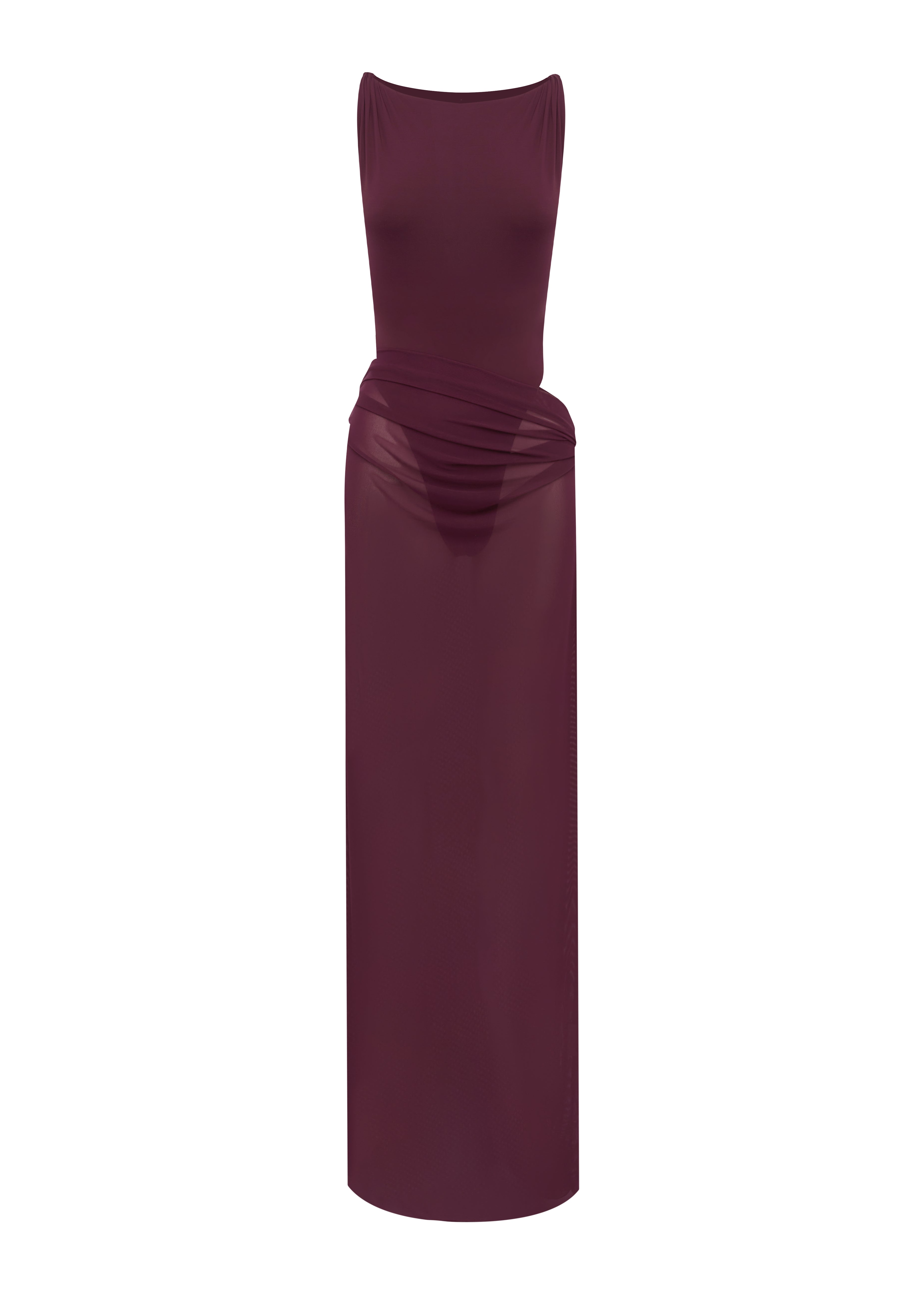Burgundy swimsuit with a matching sheer maxi skirt on a white background.