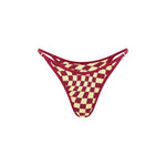 Front view of cherry and yellow checkered bikini bottoms with thin adjustable side straps, displayed on a plain background.