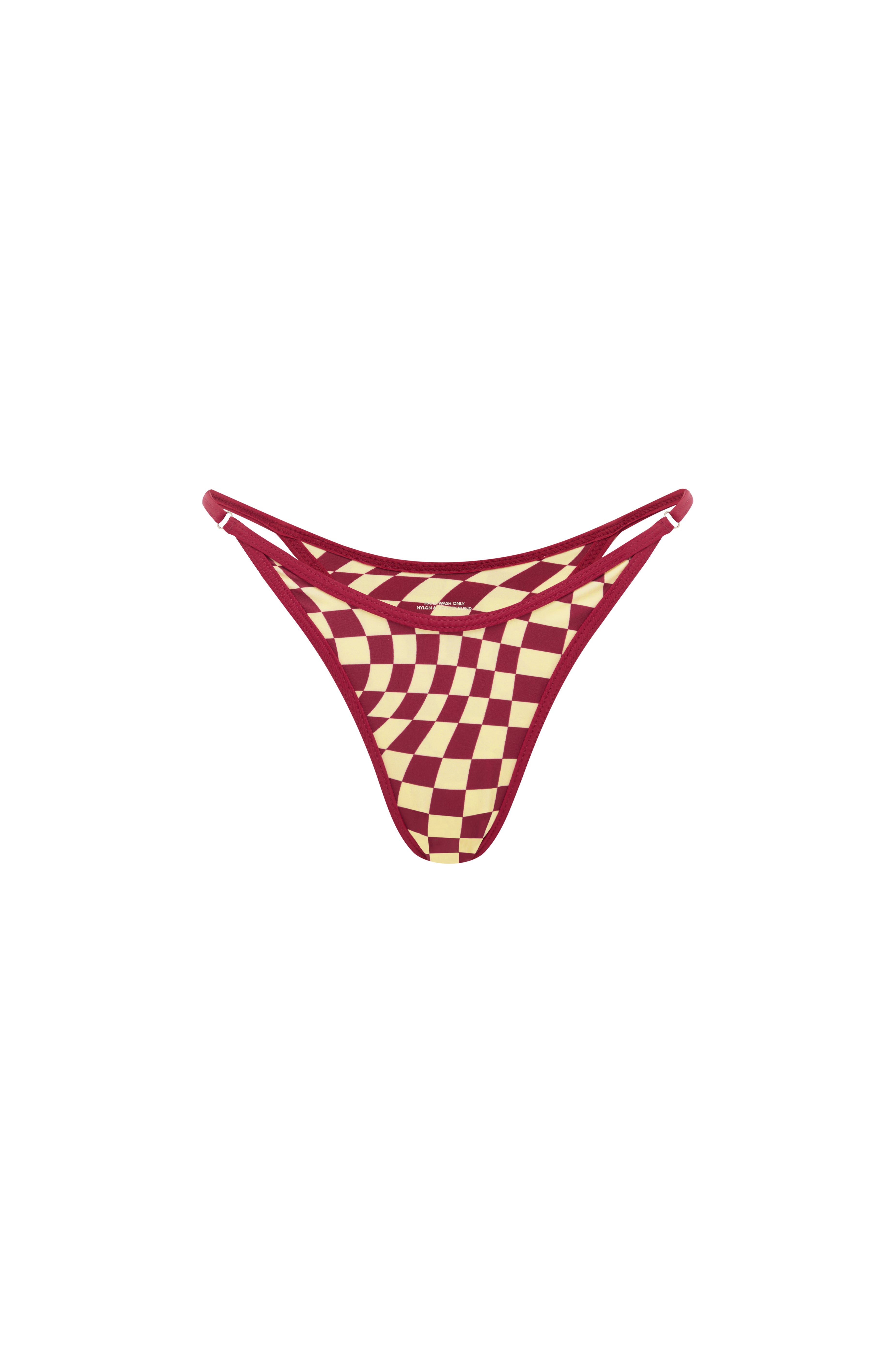 Front view of cherry and yellow checkered bikini bottoms with thin adjustable side straps, displayed on a plain background.
