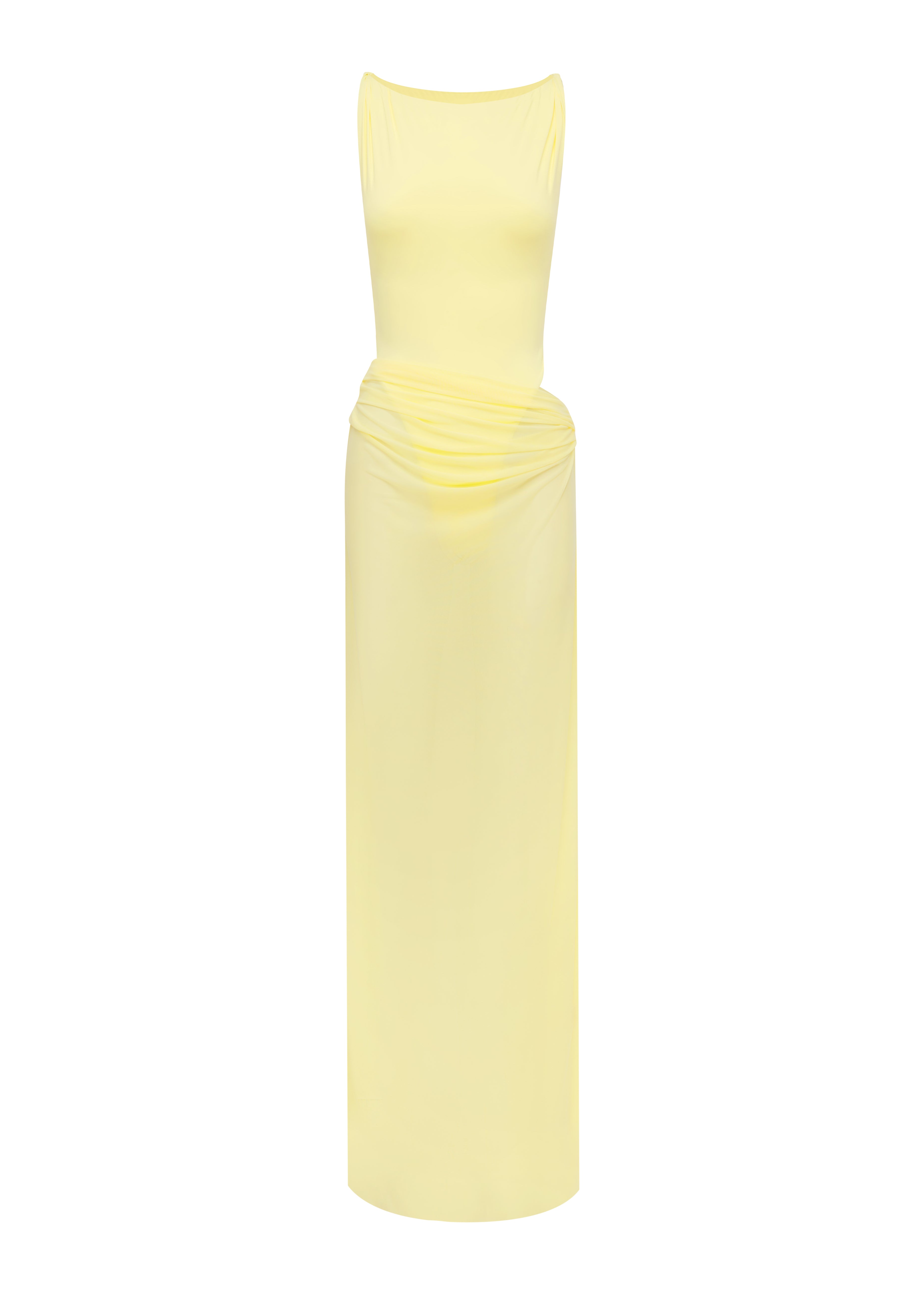 Yellow swimsuit with a matching sheer maxi skit on a white background
