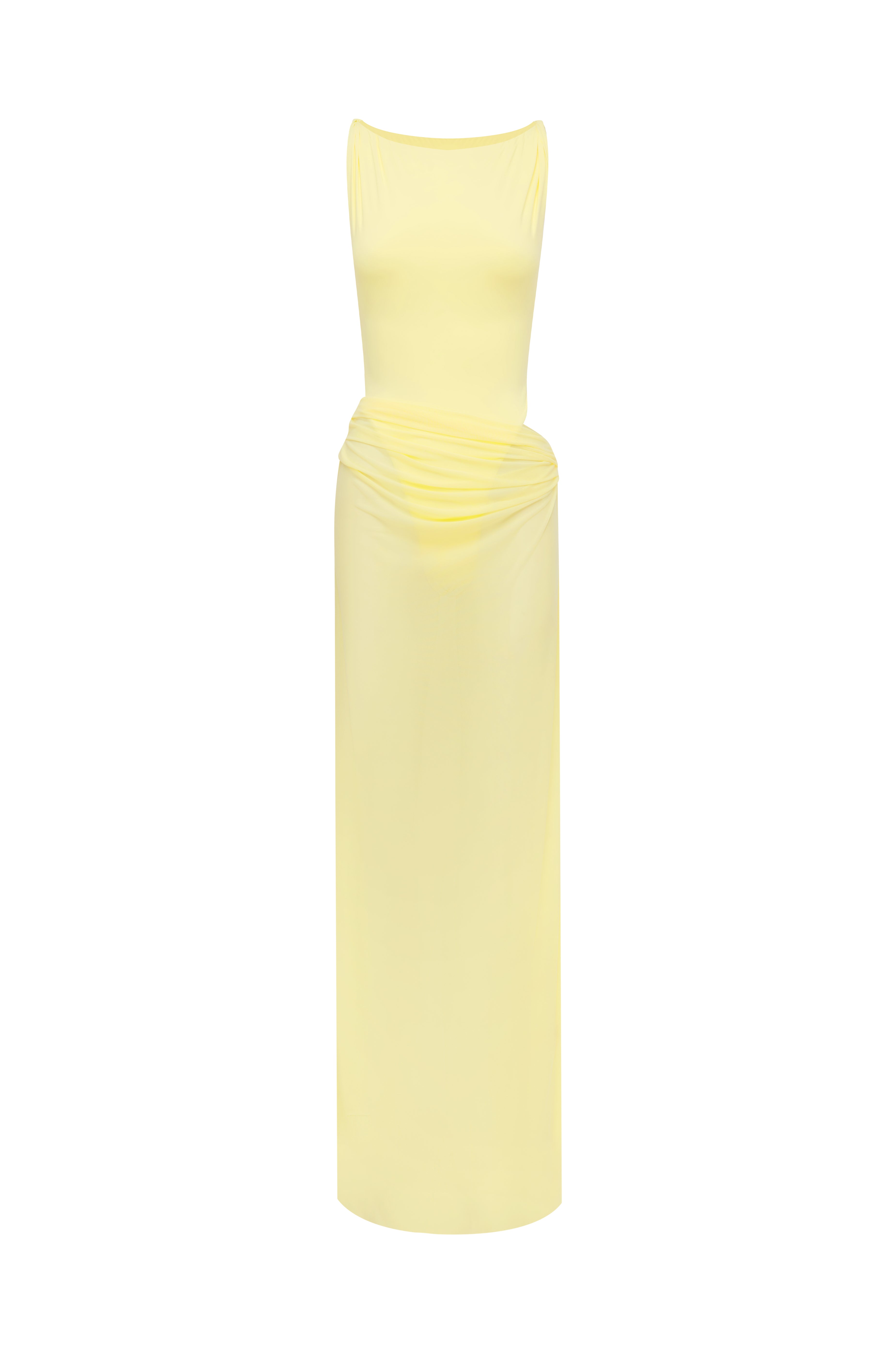 Yellow swimsuit with a matching sheer maxi skit on a white background