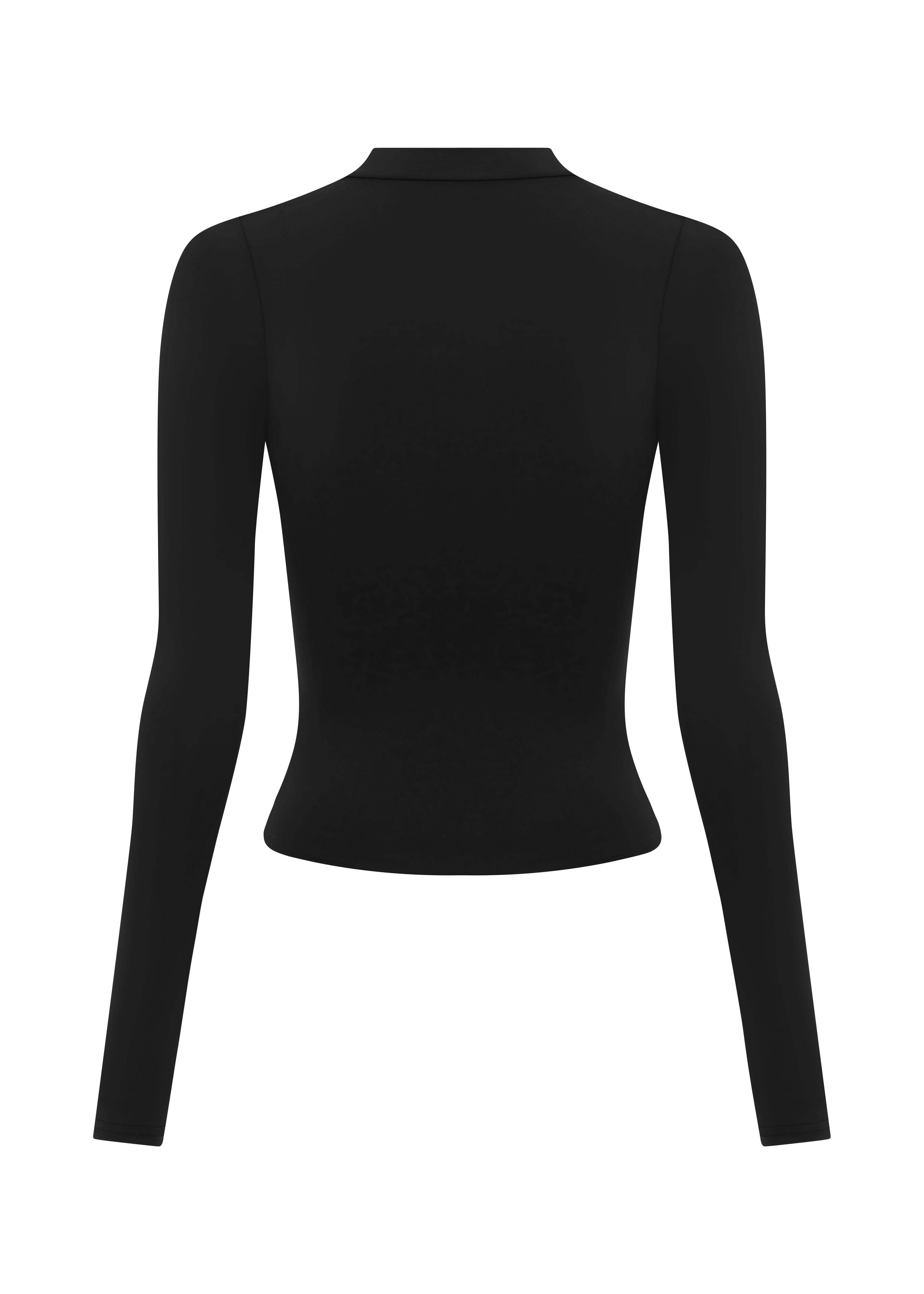 Back of black Rogue Season long-sleeve zip-up swim top on a white background