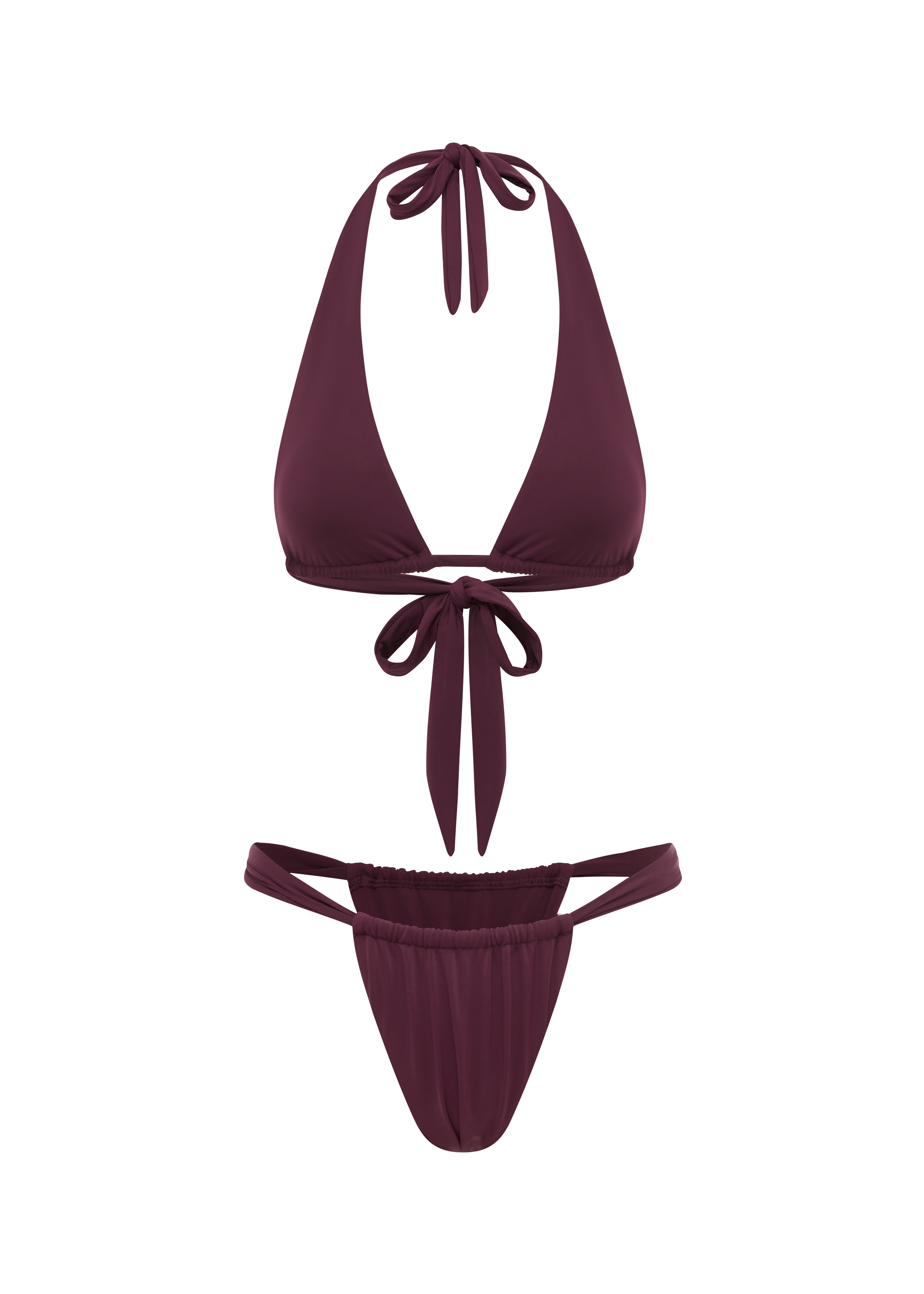 Burgundy bikini set on a white background