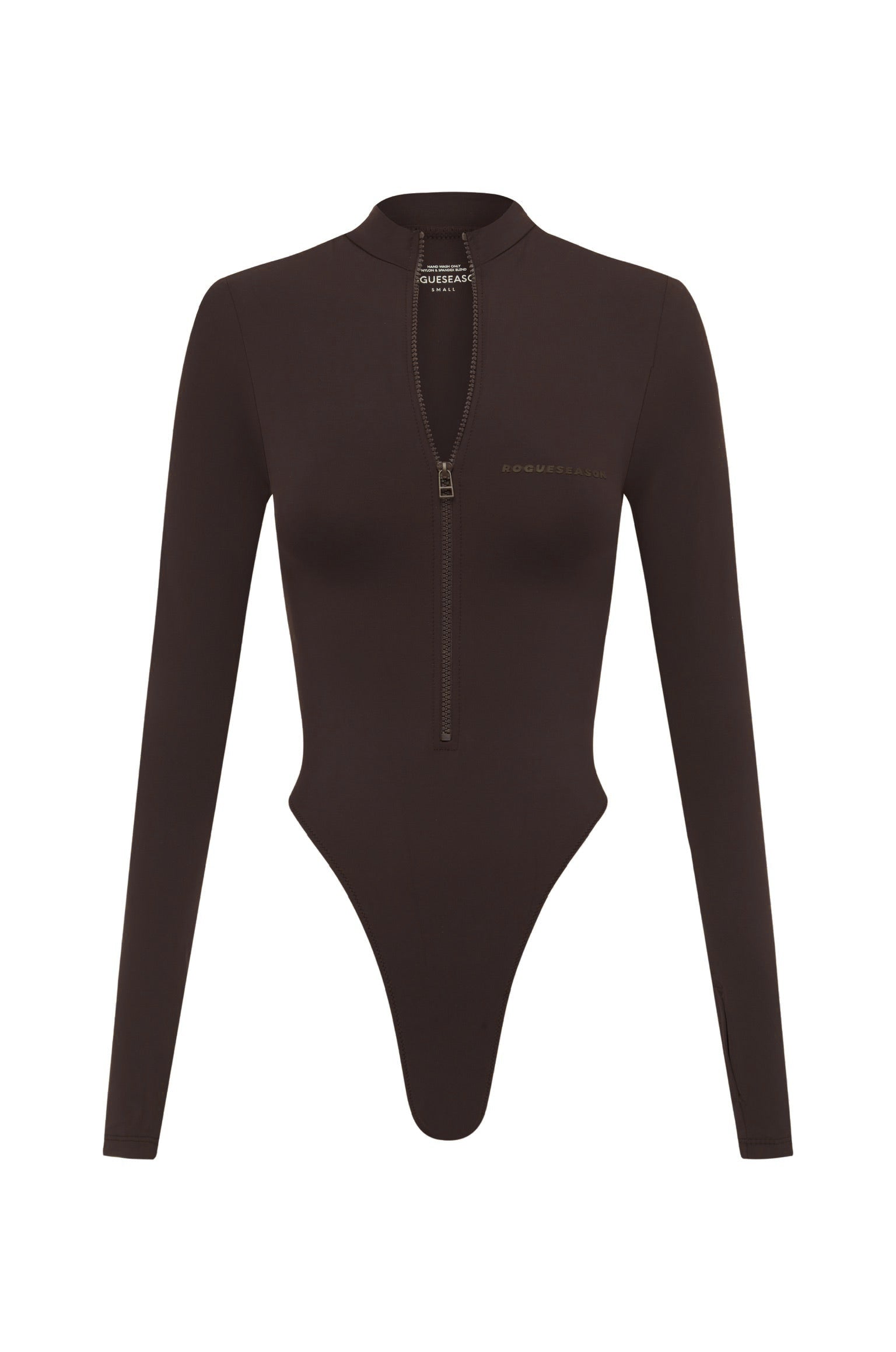 A dark brown long-sleeve bodysuit with a half-zip neckline and a small logo on the left chest, displayed on a clean white background.