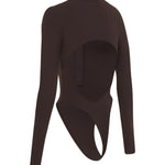 A black long-sleeve bodysuit with a high mock neck and a cutout on the back, displayed on a clean white background.